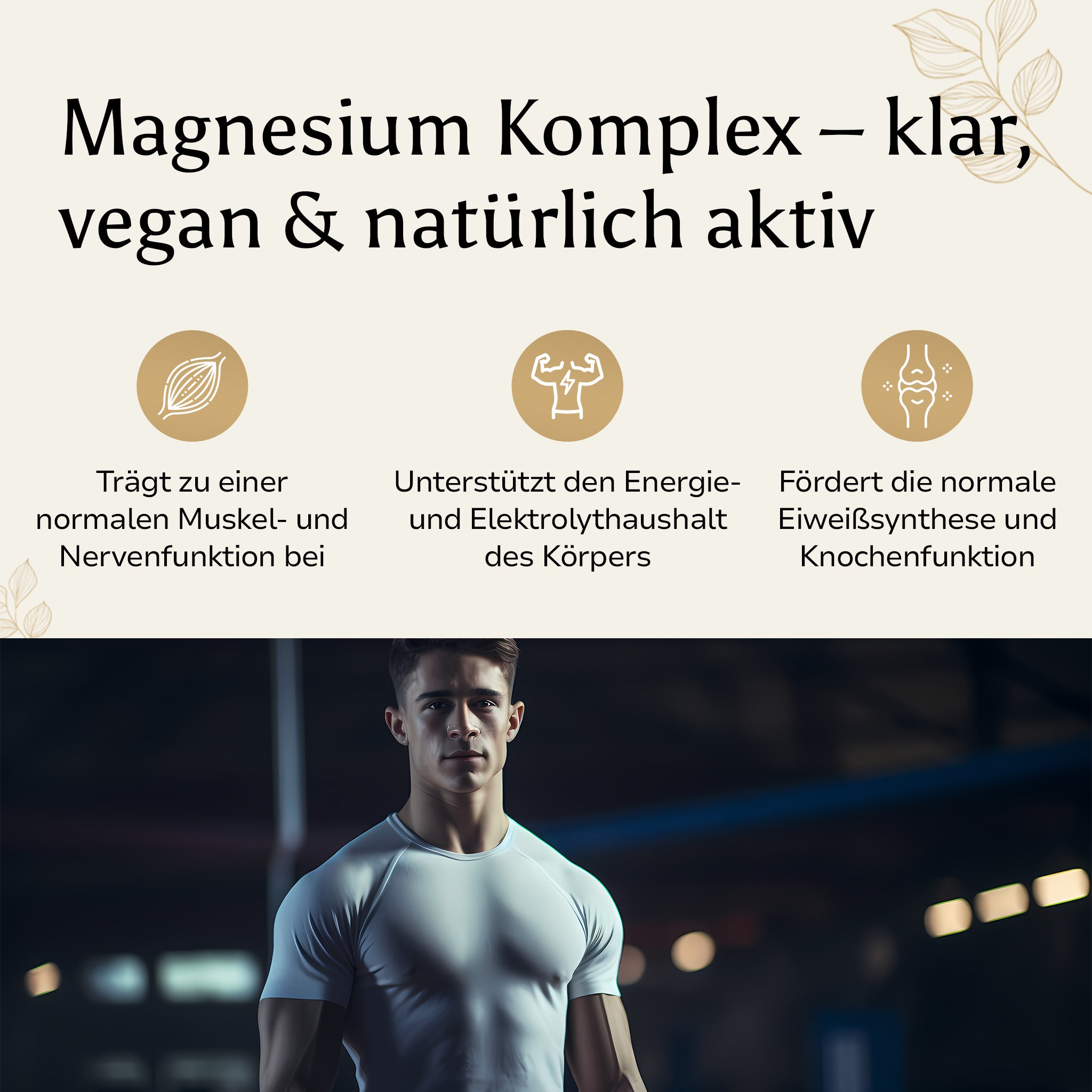 Golden Elements Magnesium Komplex Shots – Lifestyle-Mockup mit Sportler und Vorteilen des veganen Magnesium-Komplexes