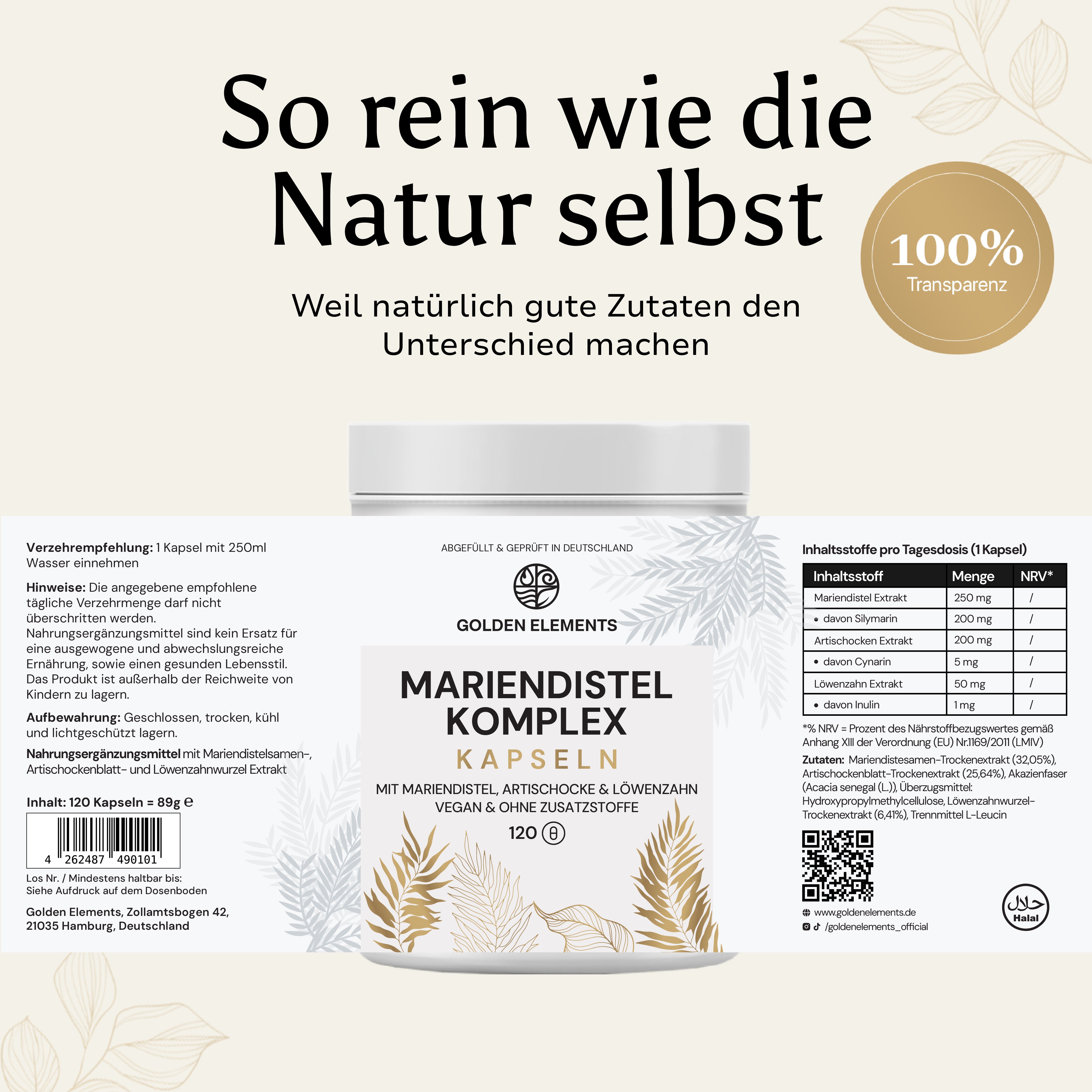 Produktetikett von Golden Elements Mariendistel Komplex Kapseln – 120 vegane Kapseln mit Mariendistel-, Artischocken- und Löwenzahnwurzel-Extrakt, inklusive Anwendungsempfehlung und Nährwertangaben.