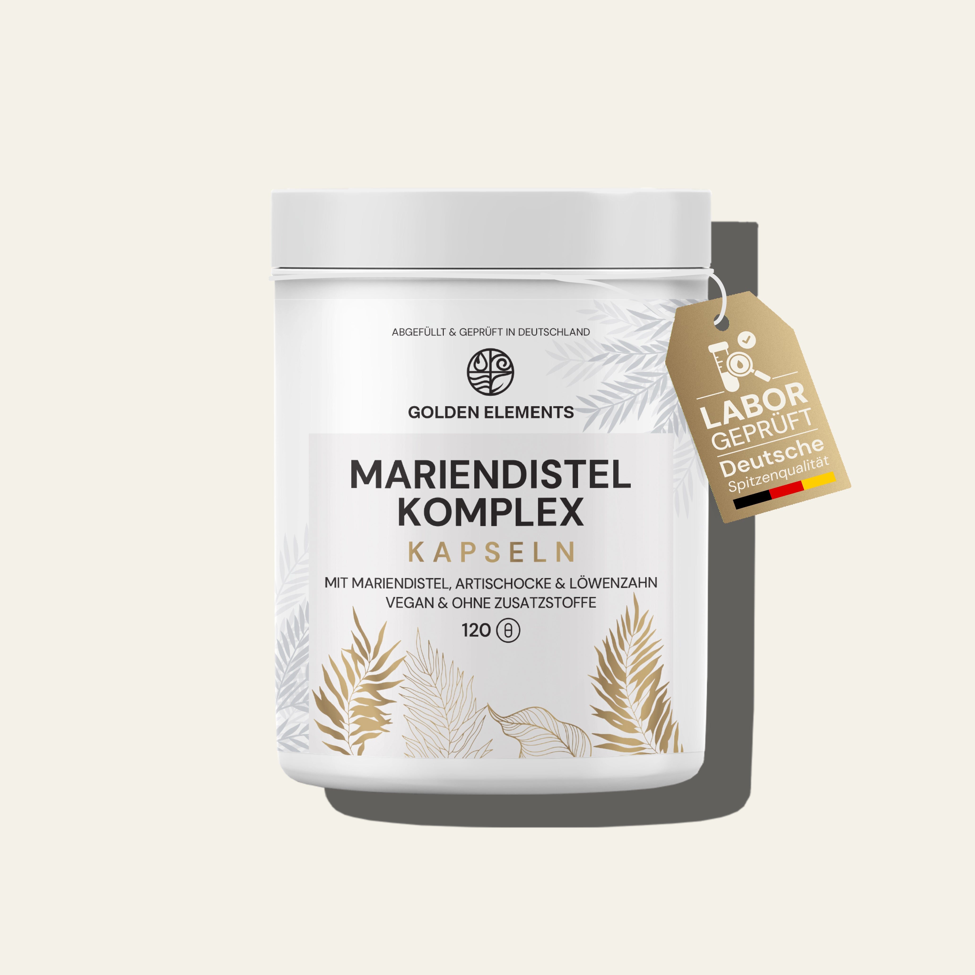 Golden Elements Mariendistel Komplex Kapseln in weißer Dose mit goldenen Pflanzenmustern, vegan mit Artischocke und Löwenzahn.