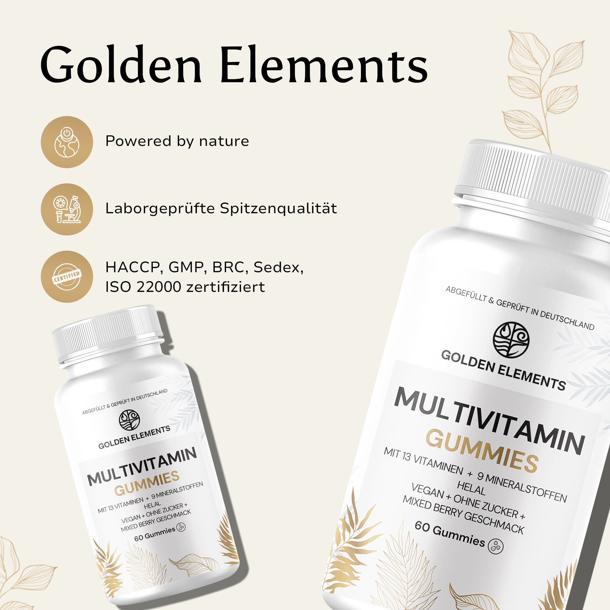 Multivitamin Gummies von Golden Elements mit Mixed-Berry-Geschmack – powered by nature, laborgeprüft, HACCP/GMP zertifiziert