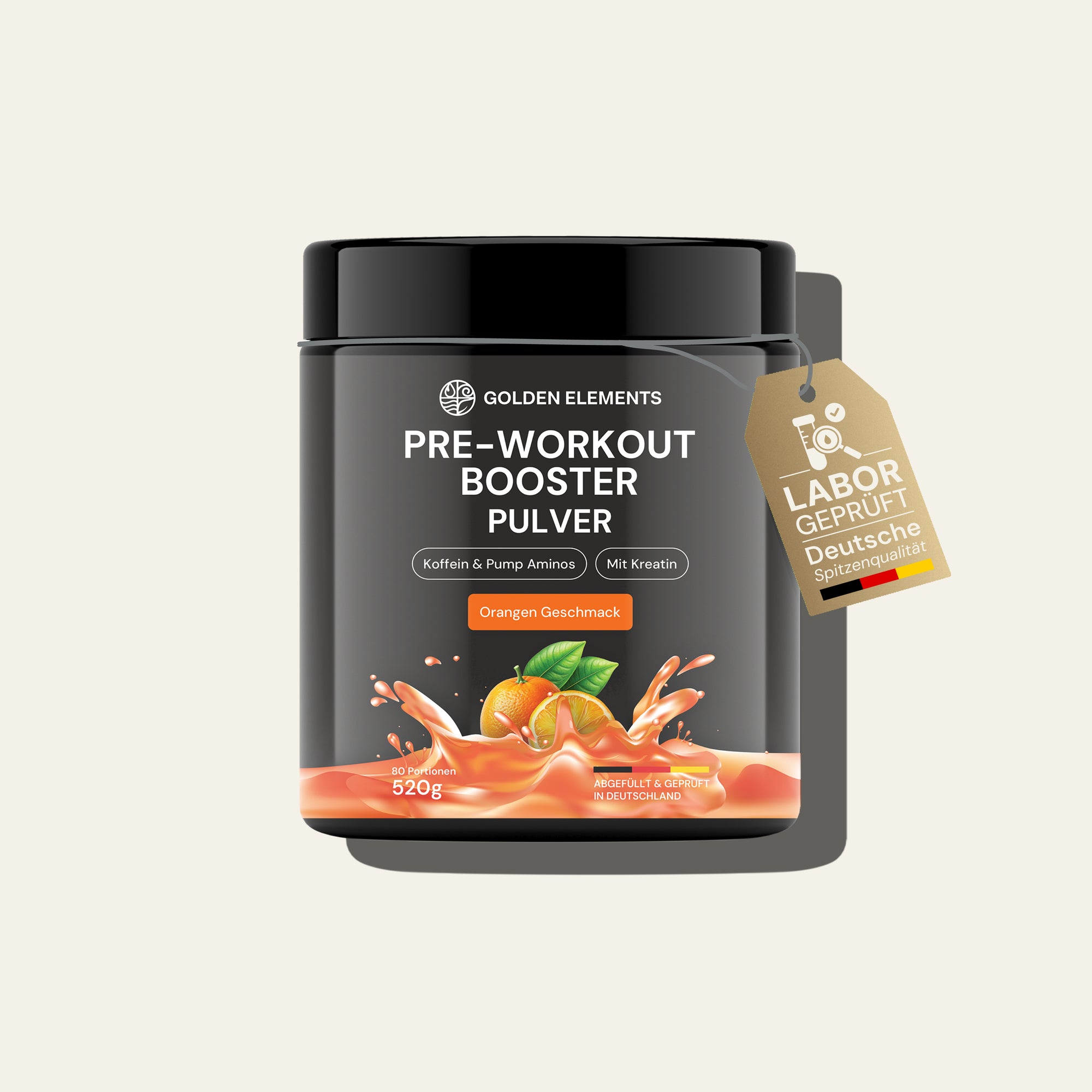 Golden Elements Pre-Workout Booster Pulver Orange Geschmack – Hauptproduktbild des leistungsorientierten Pre-Workout-Pulvers im schwarzen Premiumbehälter