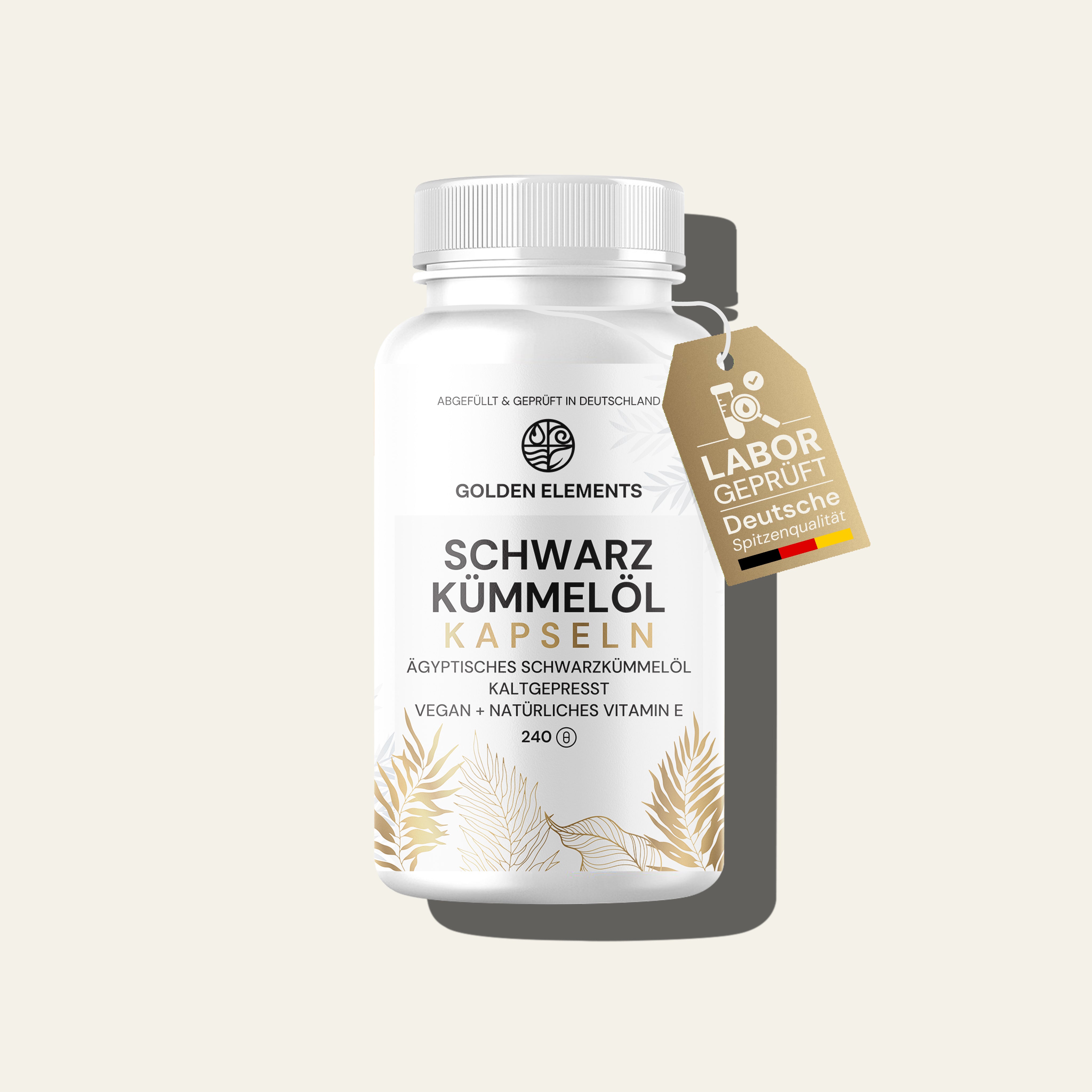 Golden Elements Schwarzkümmelöl Kapseln – Hauptproduktbild der hochwertigen Schwarzkümmelöl-Kapseln im weißen Premiumbehälter