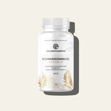 Nahaufnahme der Produktverpackung Golden Elements Schwarzkümmelöl – 240 Kapseln mit ägyptischem Öl und natürlichem Vitamin E