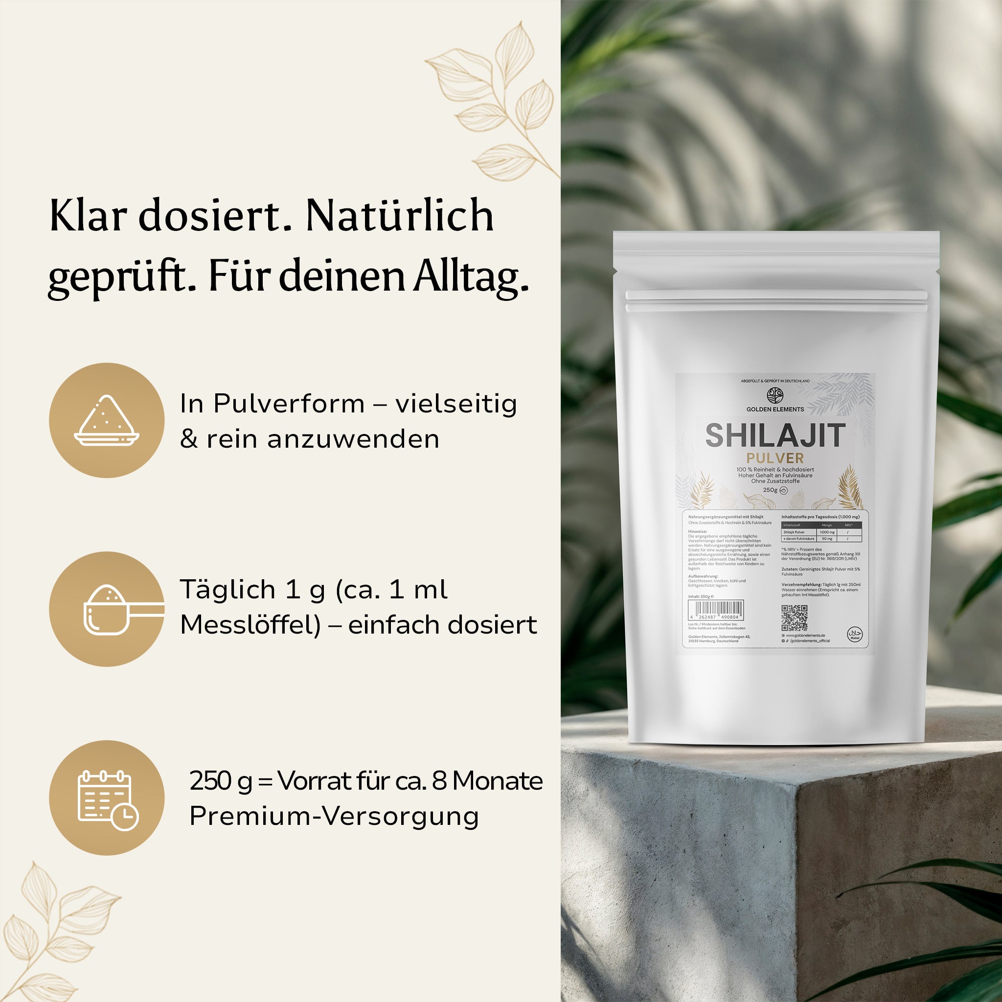 Golden Elements Shilajit Pulver – so rein wie die Natur selbst. 100 % Transparenz und hochwertige natürliche Zutaten.