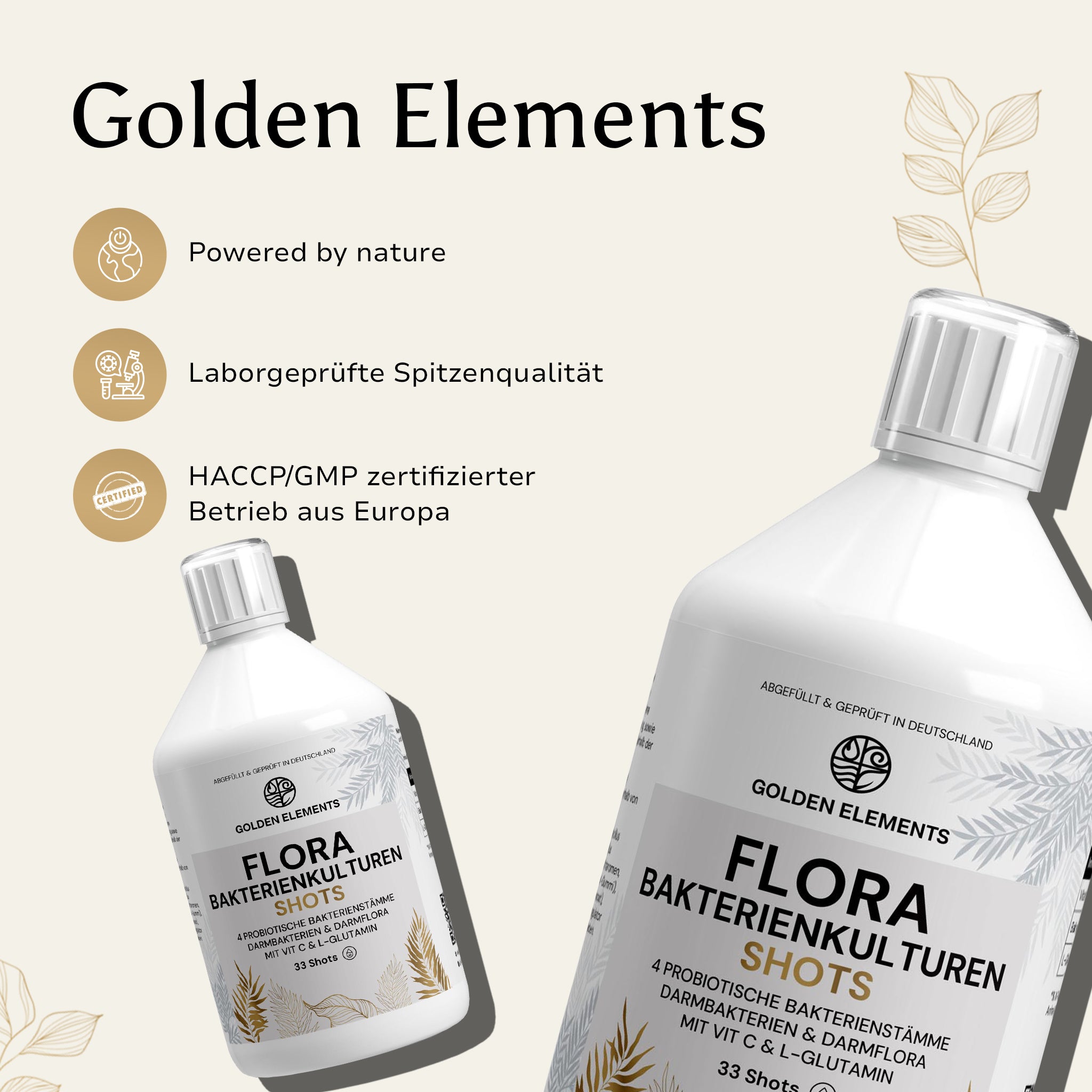 Zwei Vita Balance PLUS+ Flaschen mit Fokus auf Qualität – Icons zeigen Werte wie „Powered by nature“, „Laborgeprüft“ und „HACCP/GMP zertifiziert“.