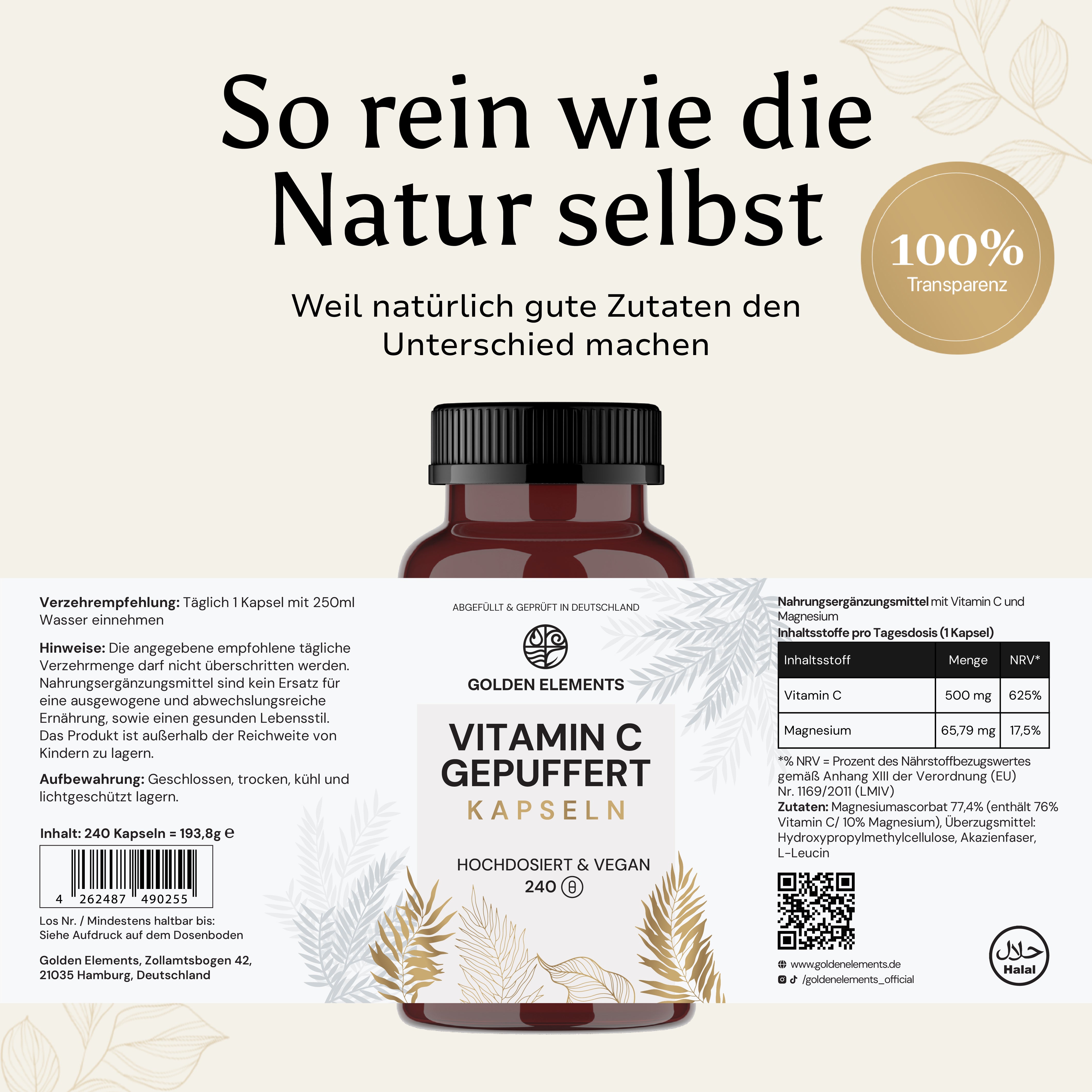 Golden Elements Vitamin C gepuffert Kapseln – Rückseitenansicht mit Zutatenliste, Nährwerten und Produktdetails