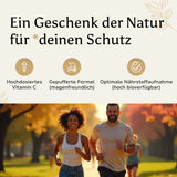 Golden Elements Vitamin C gepuffert Kapseln – Outdoor-Lifestyle-Mockup mit Paar und Produktvorteilen zur natürlichen Unterstützung