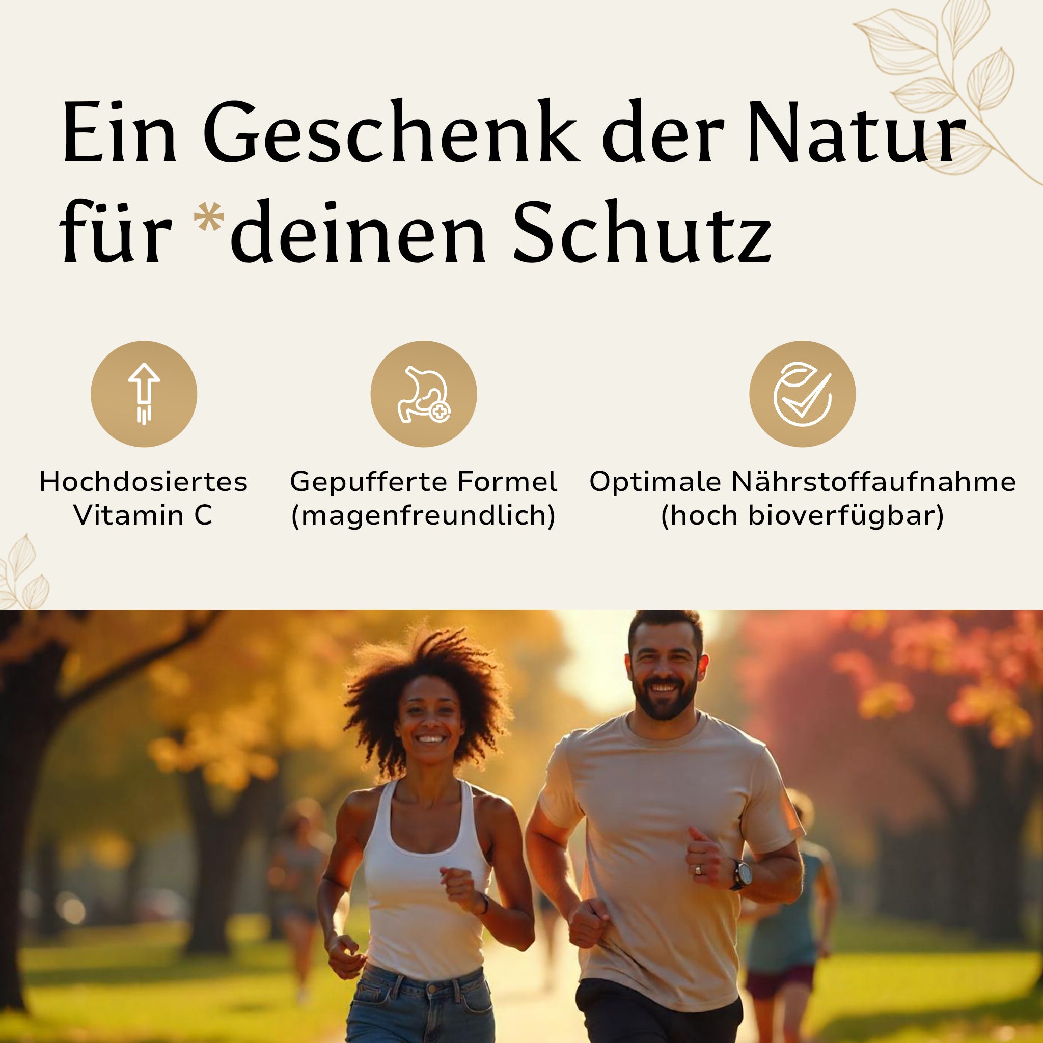 Golden Elements Vitamin C gepuffert Kapseln – Outdoor-Lifestyle-Mockup mit Paar und Produktvorteilen zur natürlichen Unterstützung