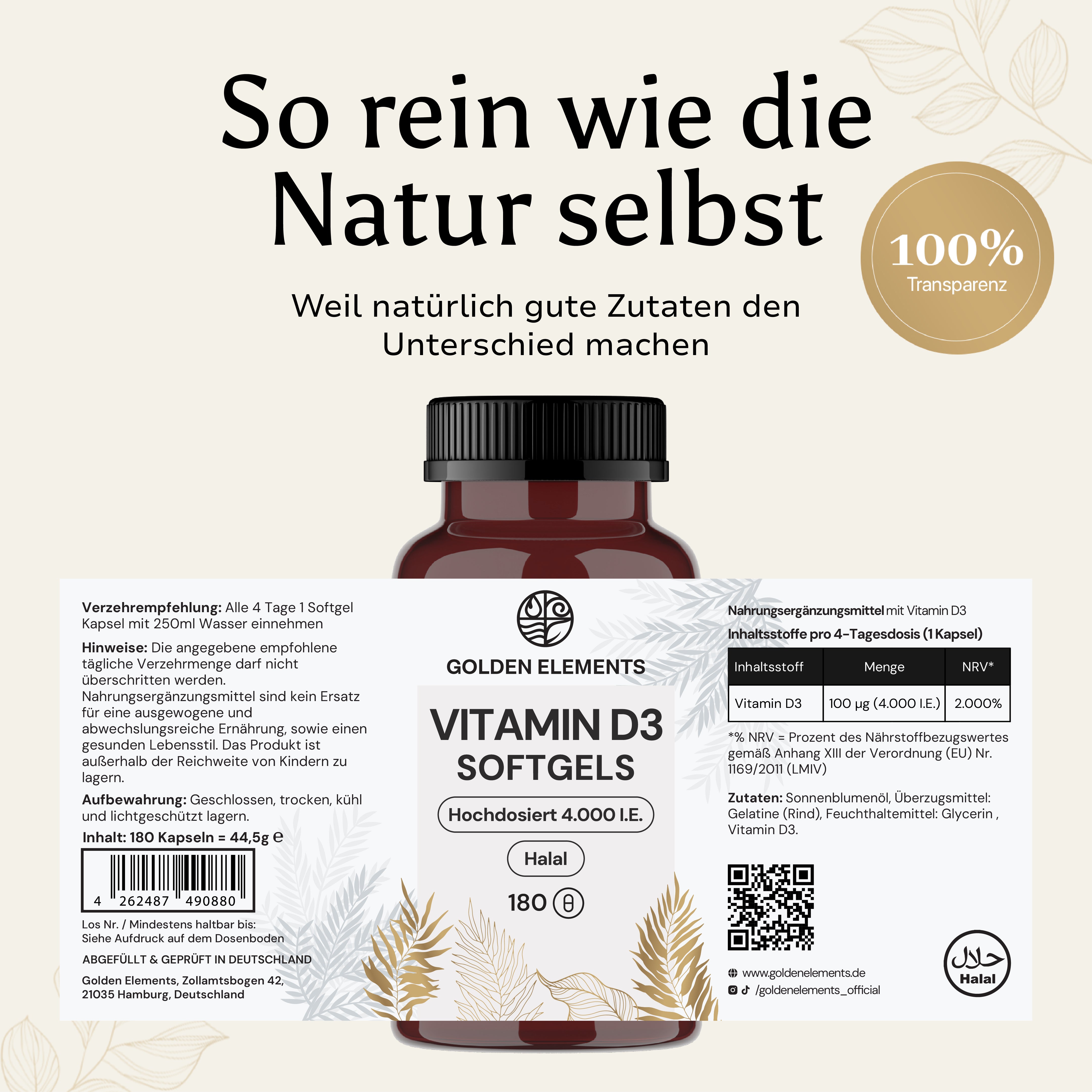 Golden Elements Vitamin D3 Softgels – Rückseitenansicht mit Fokus auf Reinheit, Qualität und transparente Inhaltsstoffe