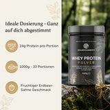Golden Elements Whey Protein Pulver – Produktfoto im Freien mit Angaben zur idealen Dosierung und Anwendung