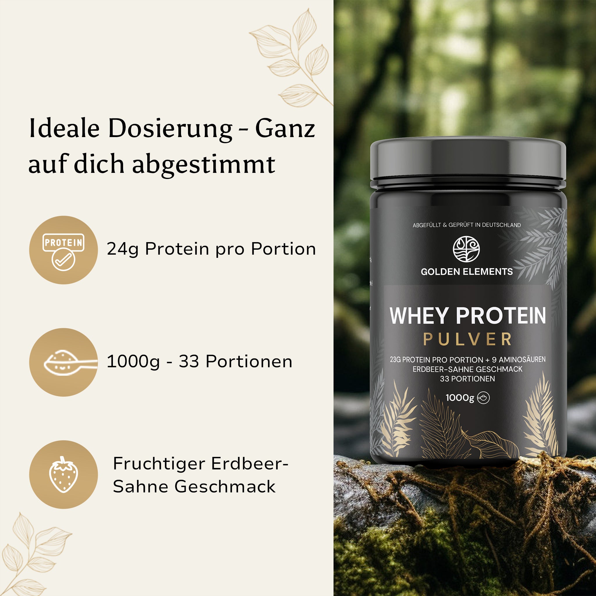 Golden Elements Whey Protein Pulver – Produktfoto im Freien mit Angaben zur idealen Dosierung und Anwendung