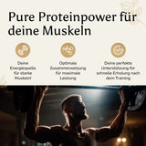 Golden Elements Whey Protein Pulver – Lifestyle-Mockup mit Sportler und Vorteilen für Muskelaufbau, Regeneration und Proteinversorgung