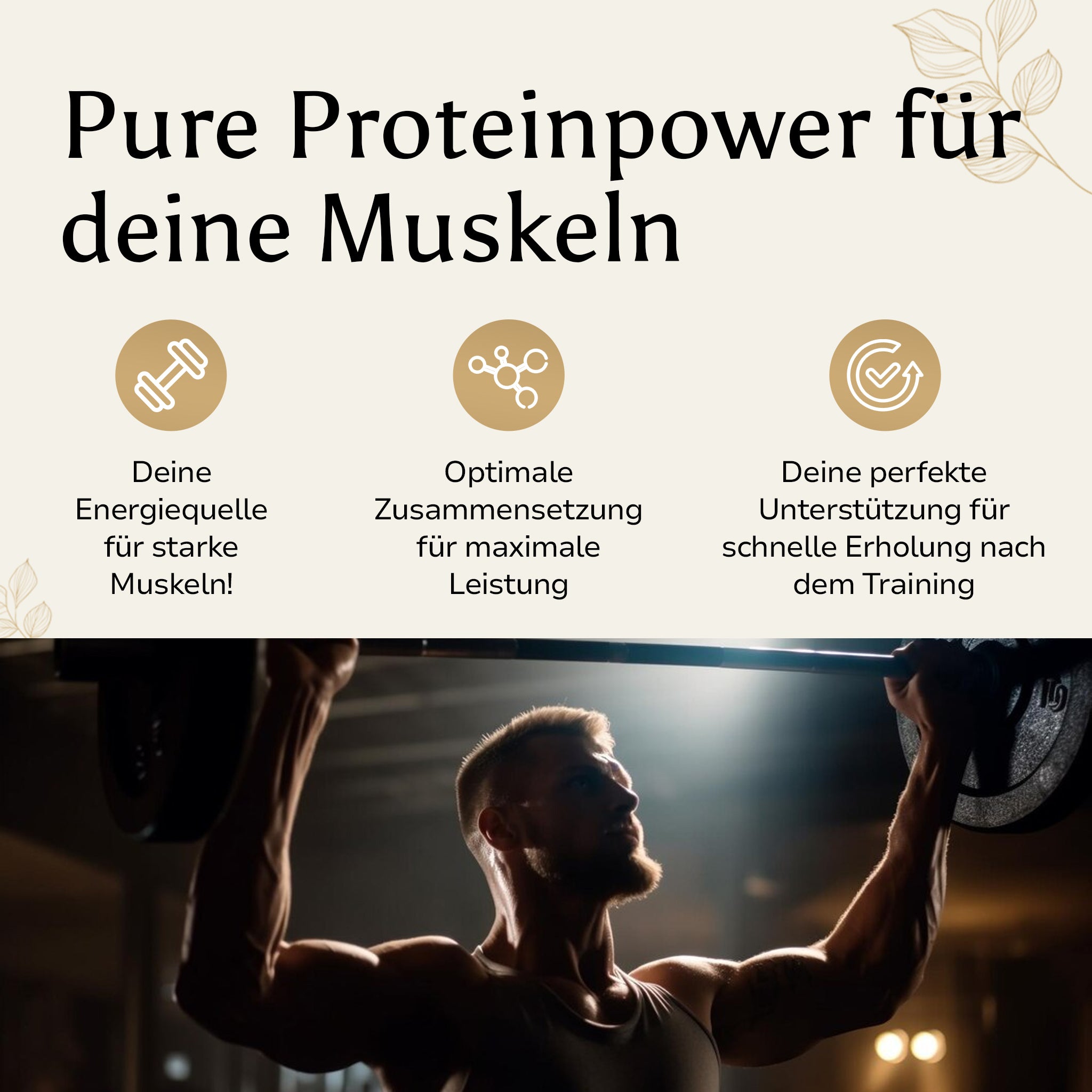 Golden Elements Whey Protein Pulver – Lifestyle-Mockup mit Sportler und Vorteilen für Muskelaufbau, Regeneration und Proteinversorgung