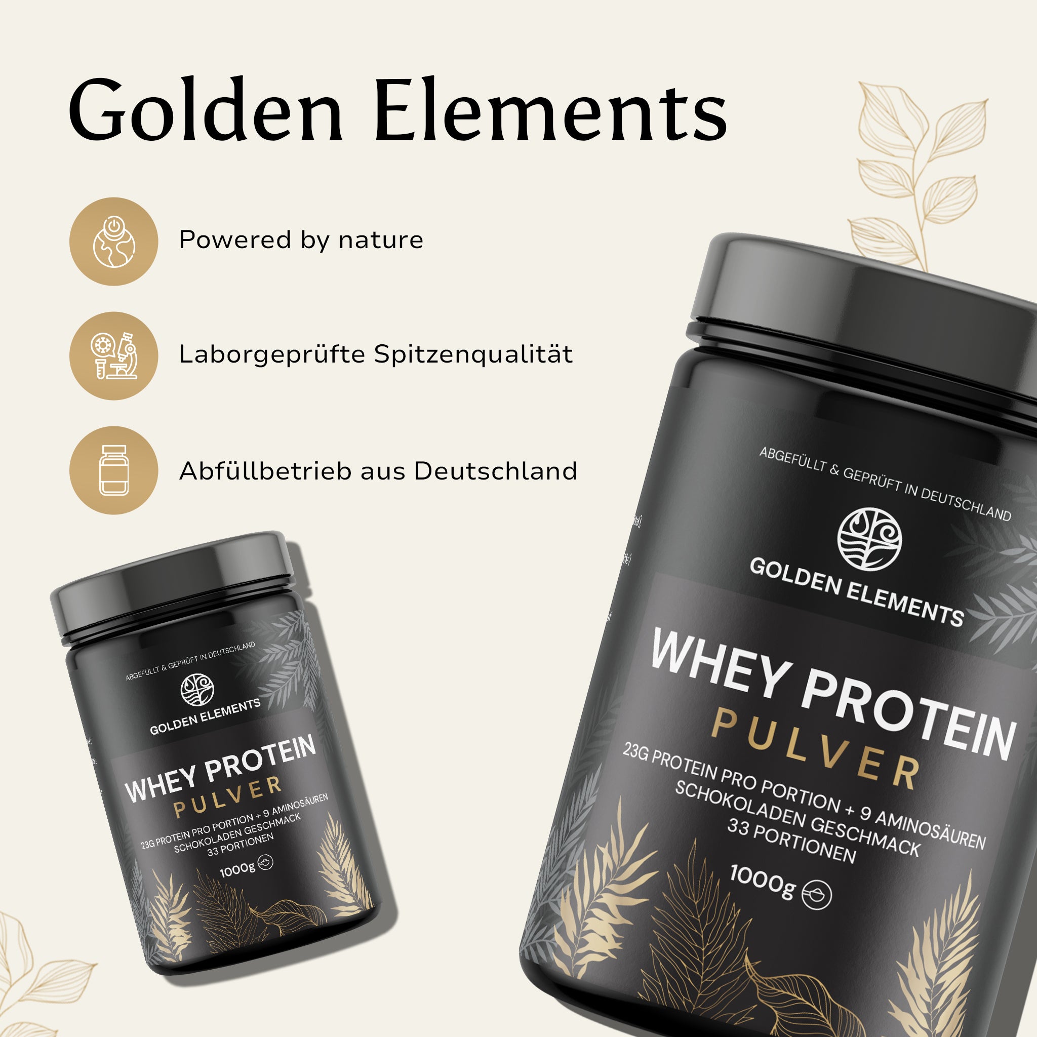 Whey Protein Schokoladengeschmack – Golden Elements Dose in hochwertigem Design