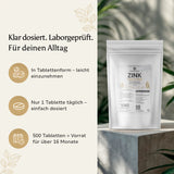 Golden Elements Zink Tabletten – Produktfoto in Naturumgebung mit Angaben zu Dosierung und Anwendung