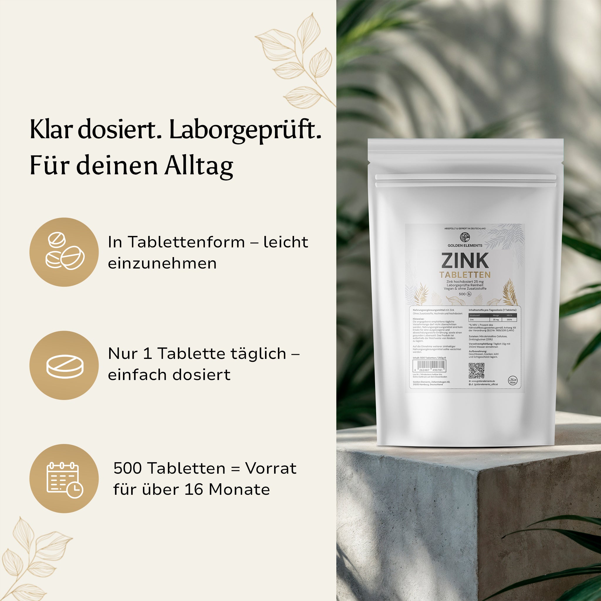 Golden Elements Zink Tabletten – Produktfoto in Naturumgebung mit Angaben zu Dosierung und Anwendung