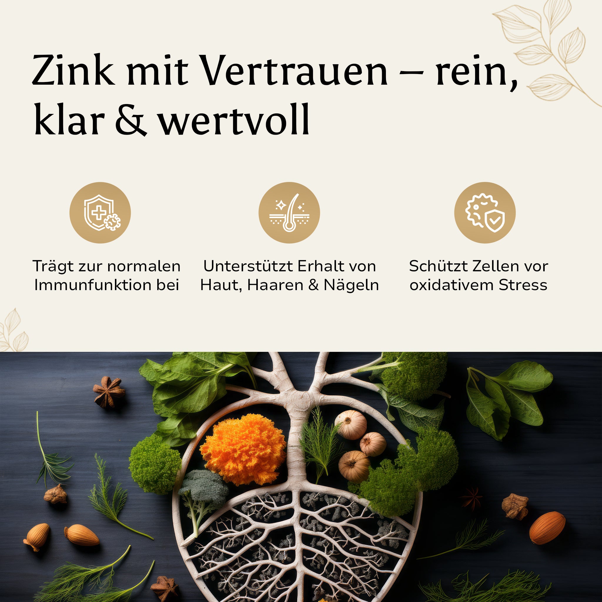 Golden Elements Zink Tabletten – Lifestyle-Mockup mit natürlichen Zutaten und Produktvorteilen für den täglichen Bedarf