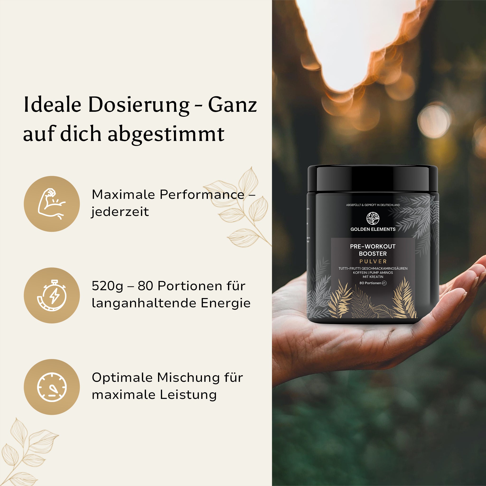 Golden Elements Pre-Workout Booster Dose wird in einer Hand gehalten, daneben Icons zur Dosierung, Leistung und Energieversorgung.