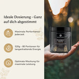 Golden Elements Pre-Workout Booster Dose wird in einer Hand gehalten, daneben Icons zur Dosierung, Leistung und Energieversorgung.