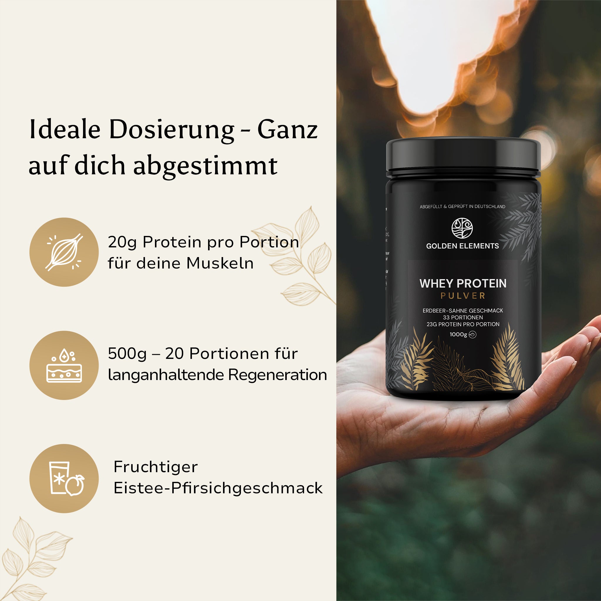 Hand hält Golden Elements Whey Protein Dose – 24g Protein pro Portion, 33 Portionen