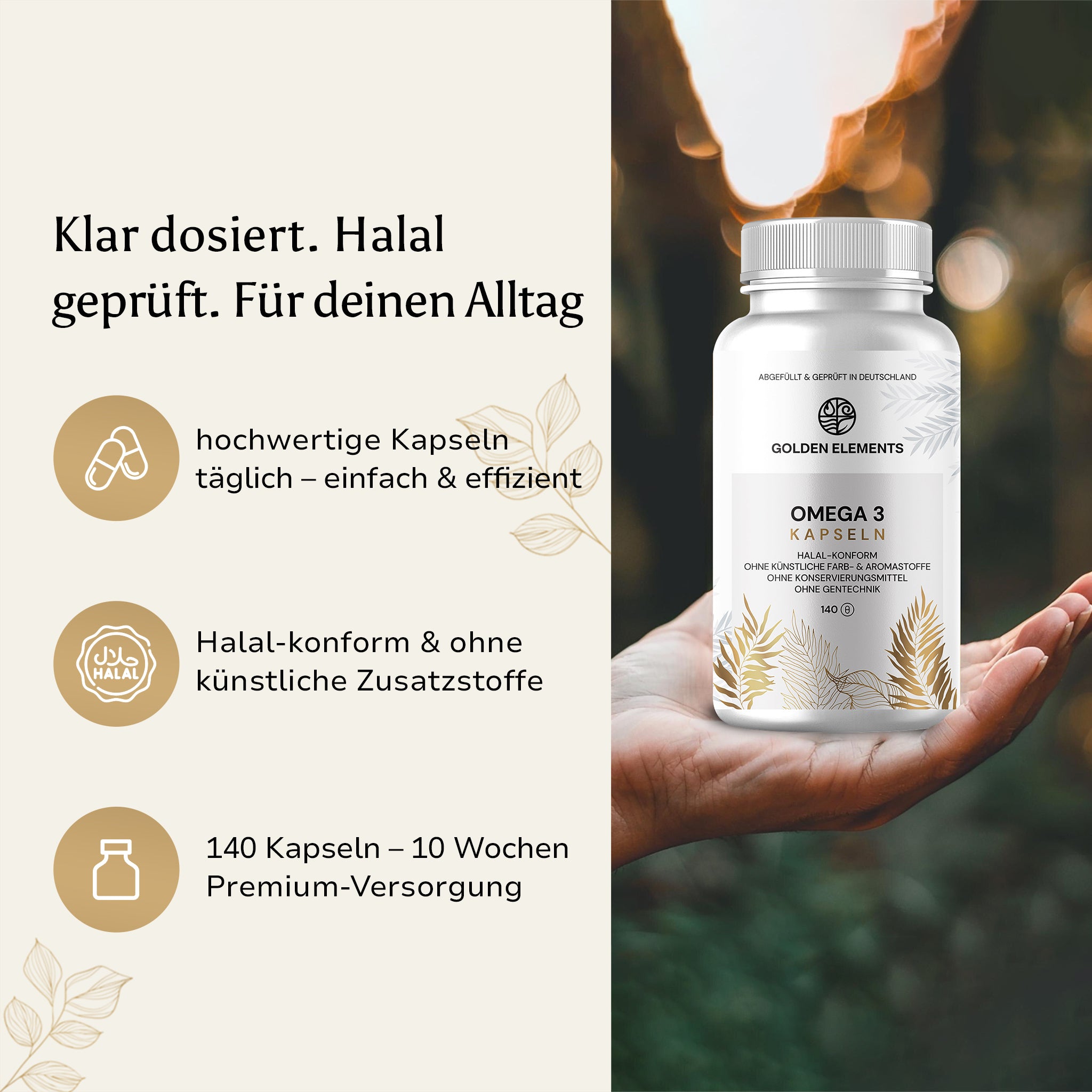 Hand hält die Omega-3 Dose im Tageslicht – Darstellung für einfache Anwendung & Klarheit im Alltag.

