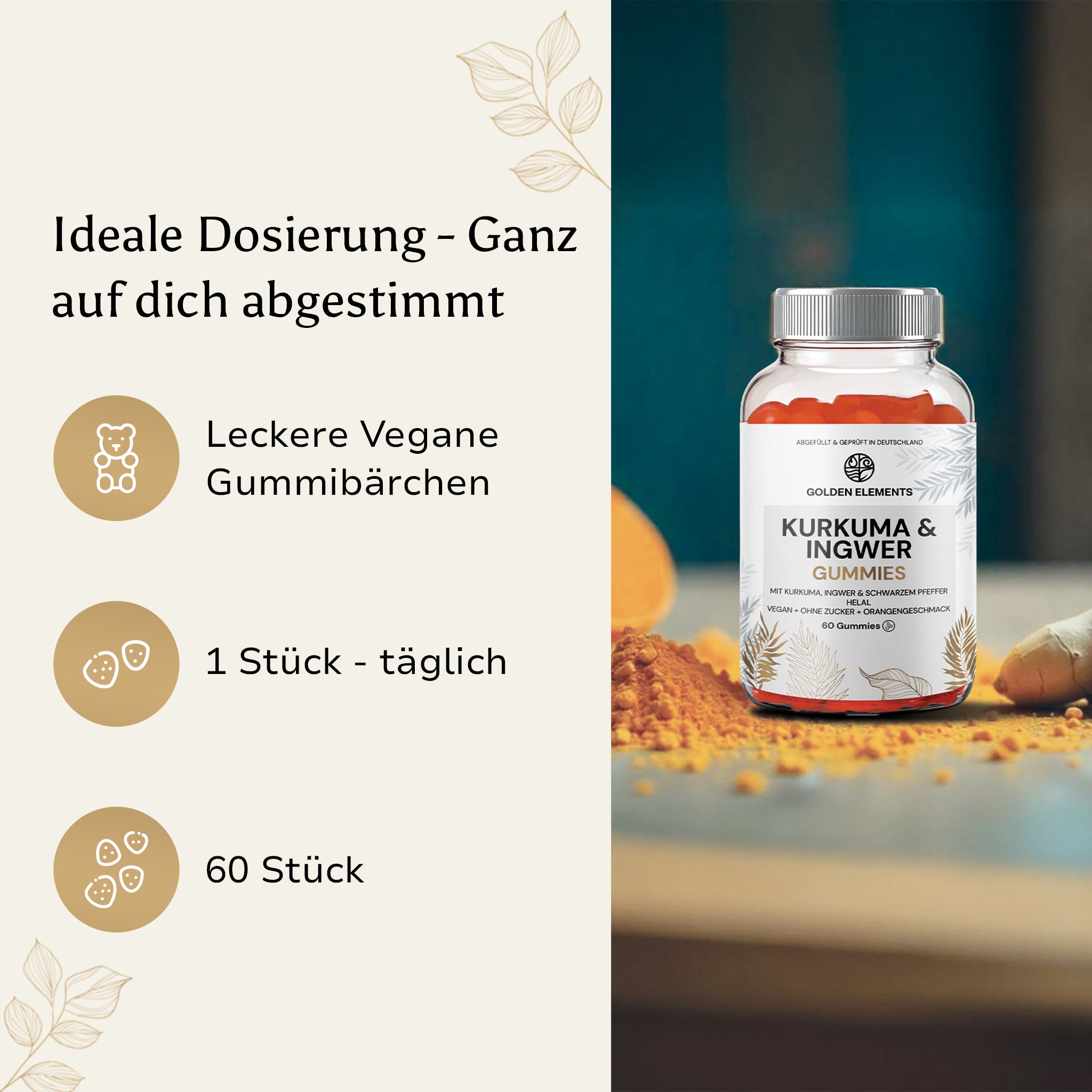 Eine Hand hält eine Dose Golden Elements Kurkuma & Ingwer Gummies, mit Informationen zur idealen Dosierung – 2 Stück täglich, 60 Stück pro Packung.