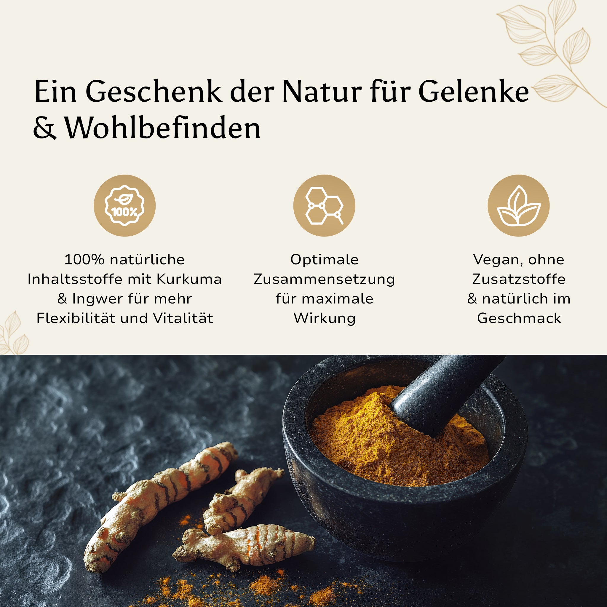 Kurkuma & Ingawer als natürliche Inhaltsstoffe mit einer Mörserschale voller Kurkumapulver, dargestellt als Symbol für Reinheit und Wirksamkeit.
