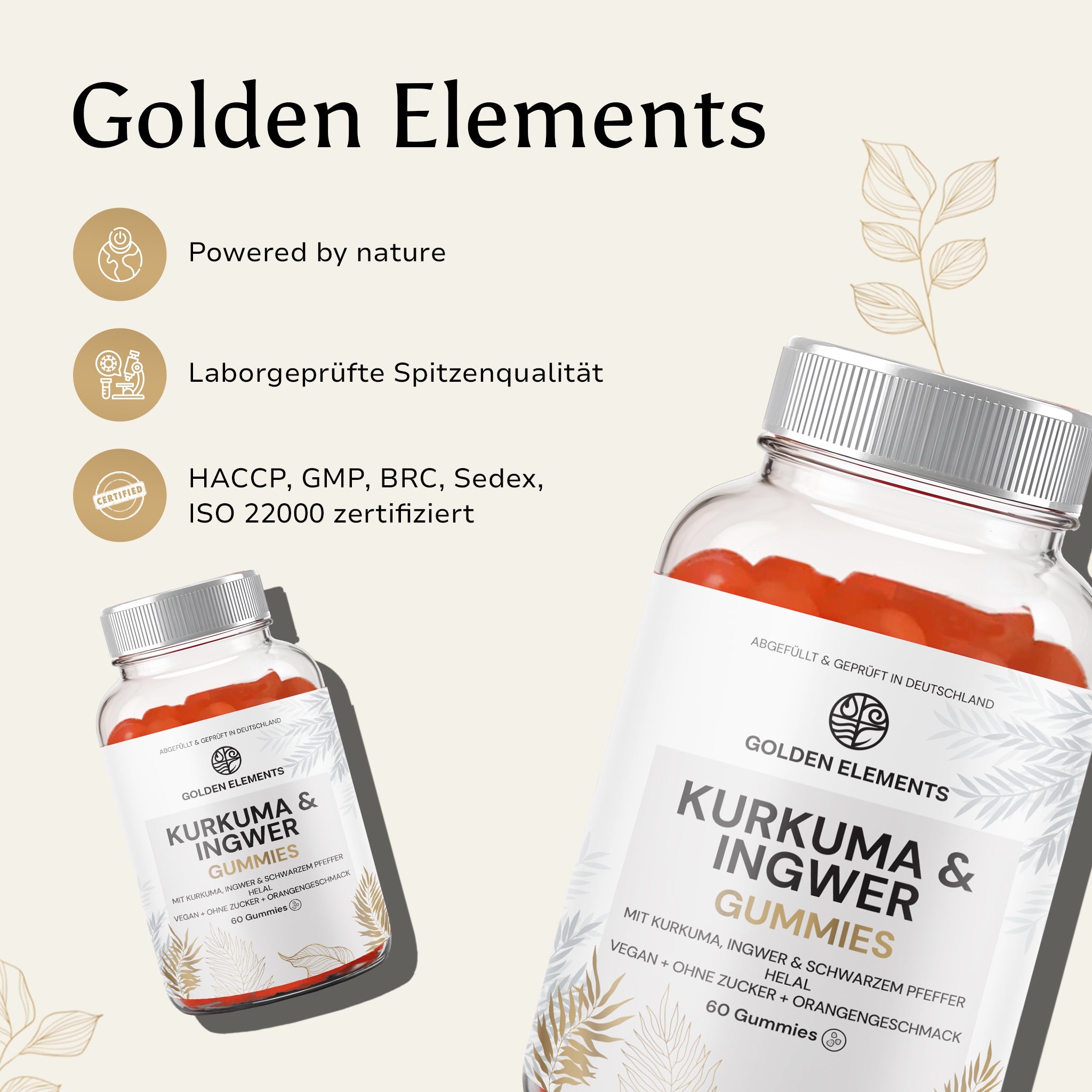Golden Elements Kurkuma & Ingwer Gummies mit Qualitätssiegeln und Zertifizierungen wie HACCP, GMP, BRC und ISO 22000 für geprüfte Reinheit.