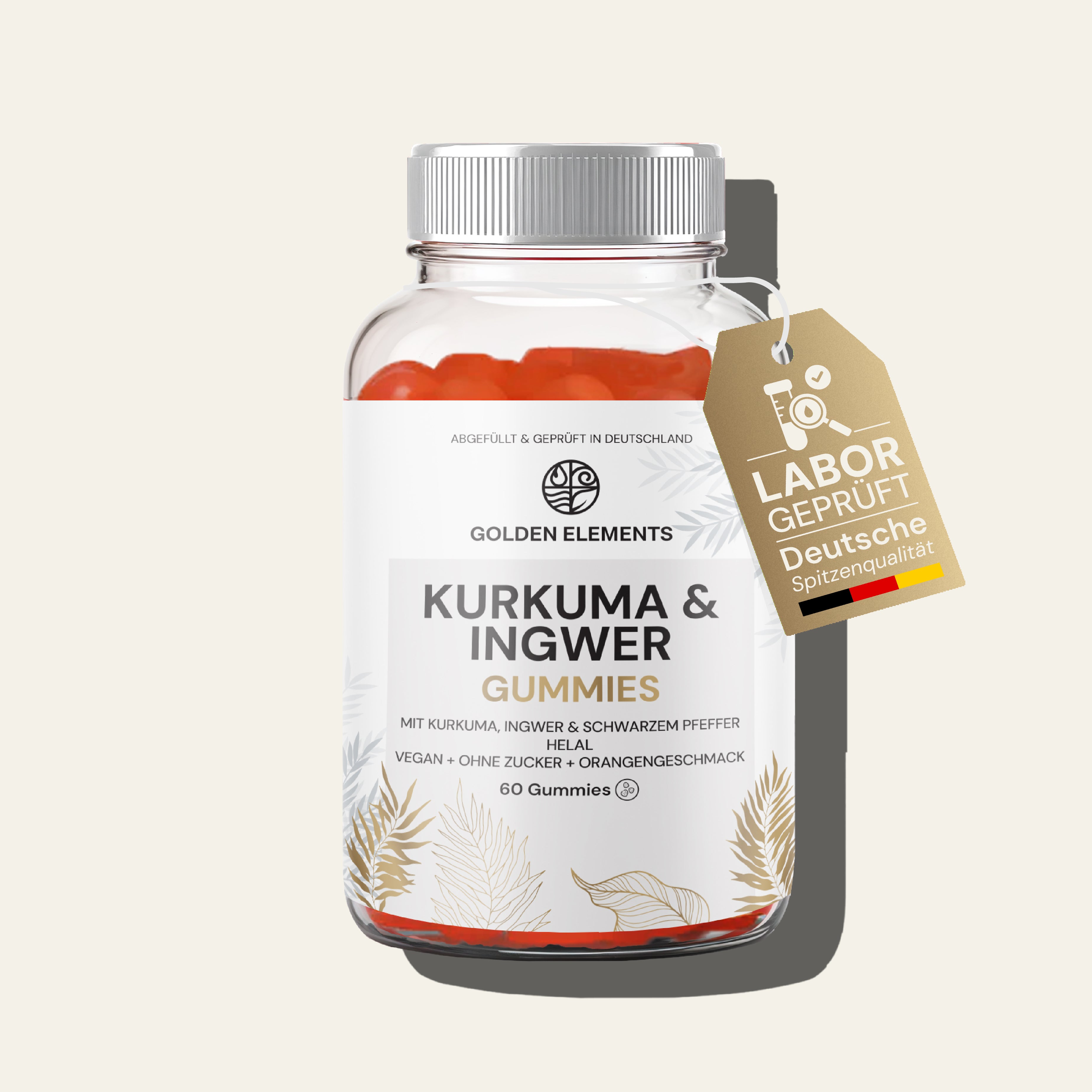 Hochauflösende Produktaufnahme der Golden Elements Kurkuma & Ingwer Gummies in einer eleganten Verpackung.