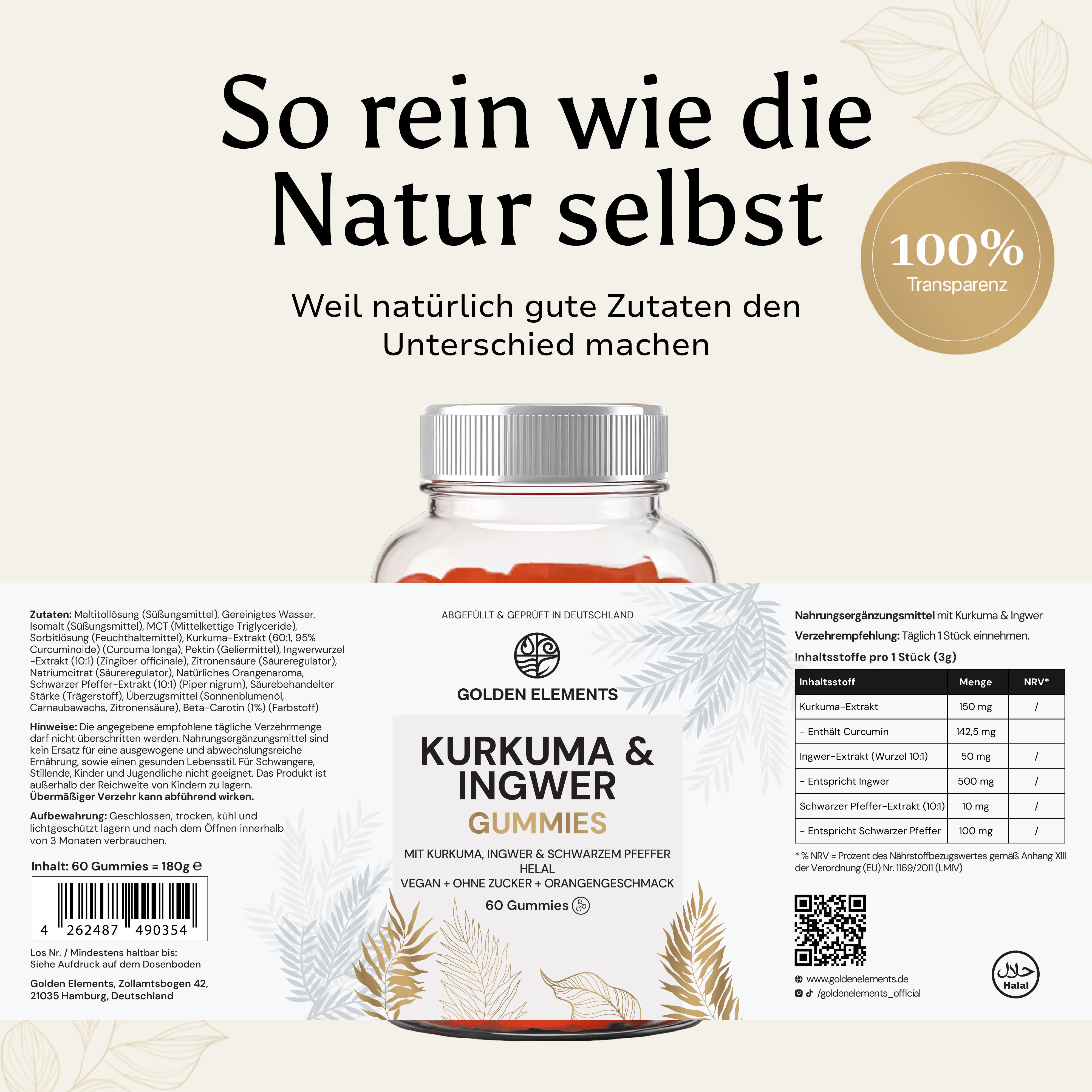 Kurkuma & Ingwer Gummies von Golden Elements mit detaillierter Zutatenliste und Nährwertangaben für höchste Transparenz und Qualität.