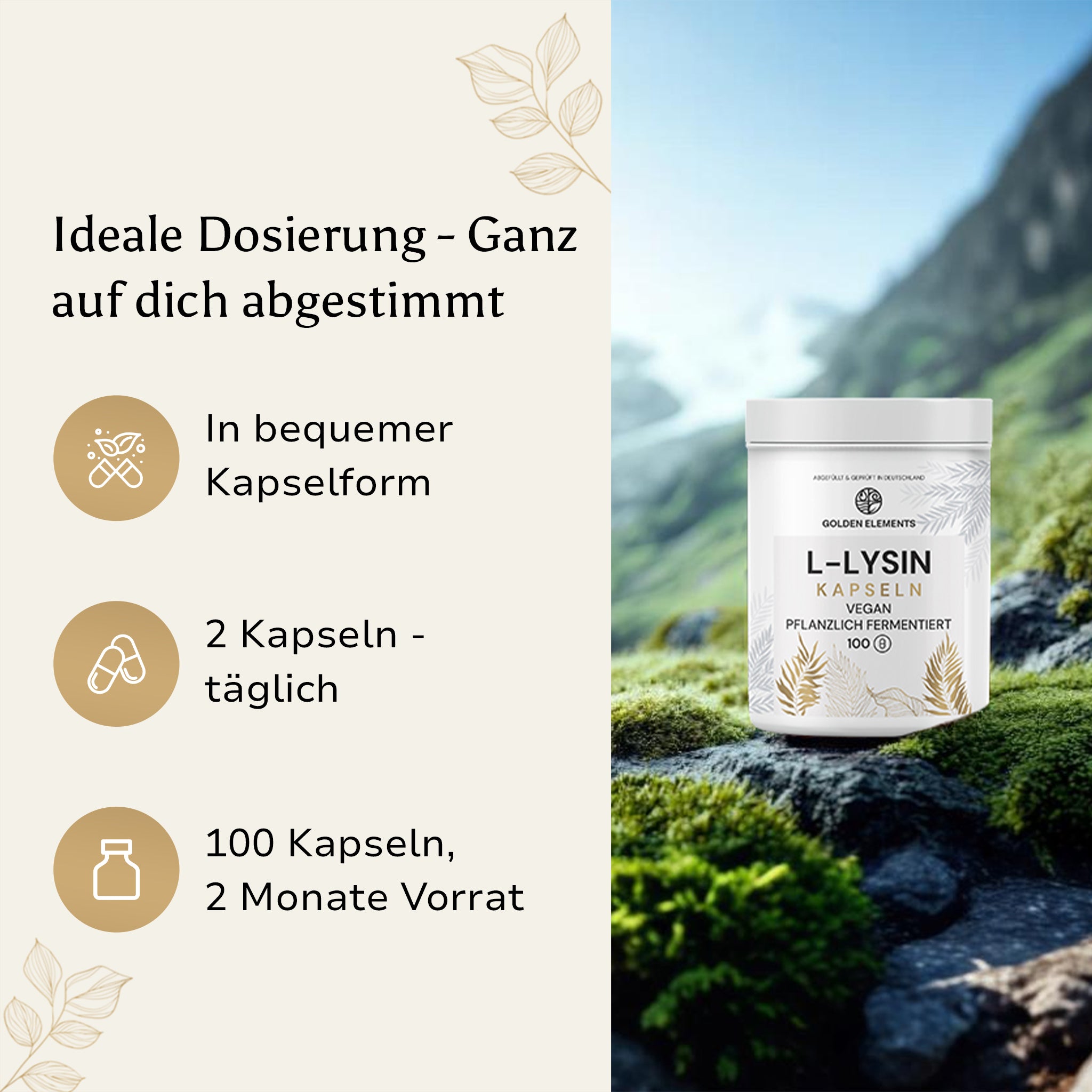 L-Lysin Kapseln von Golden Elements in einer Hand gehalten, mit Dosierungshinweisen: 2 Kapseln täglich, 100 Kapseln für 2 Monate.