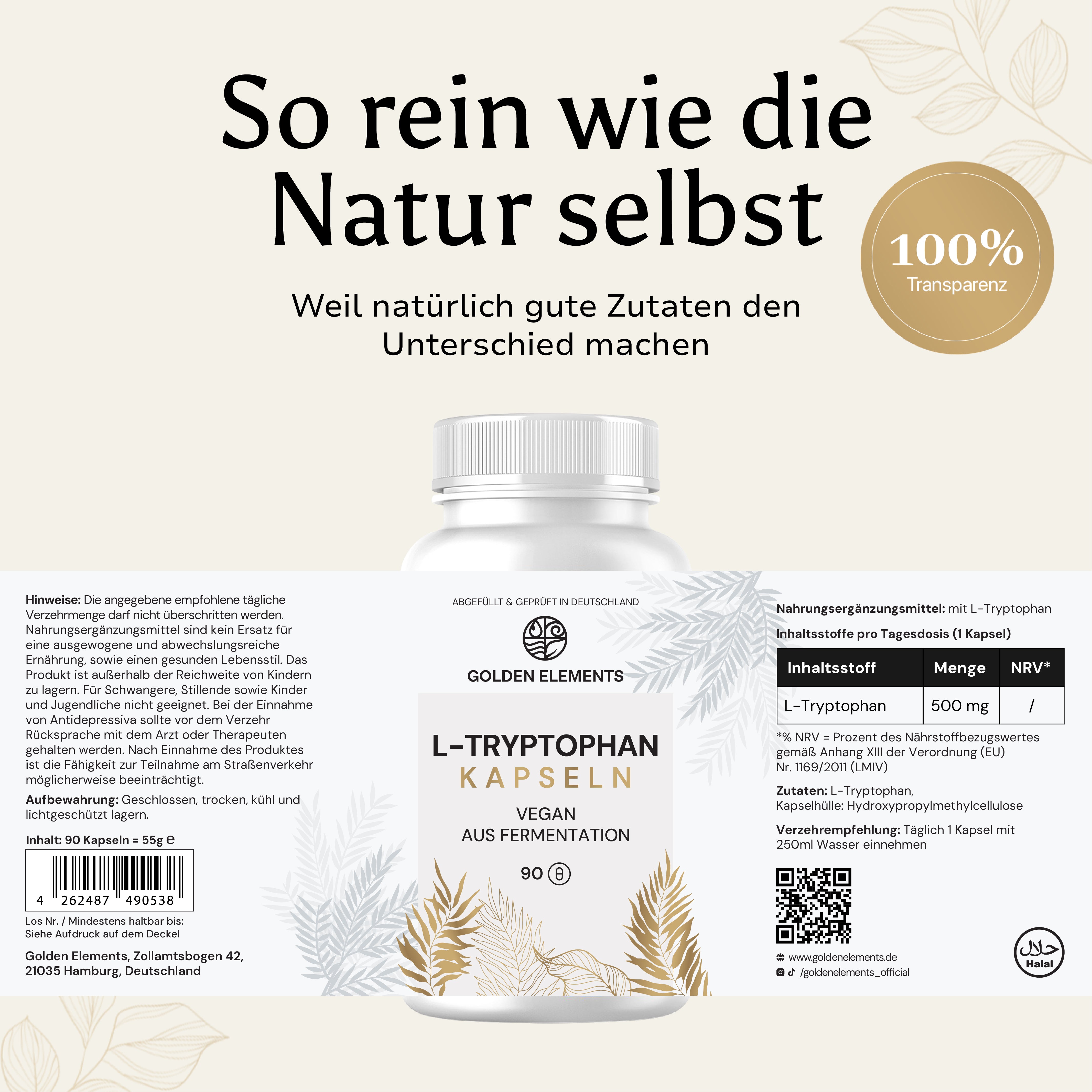 Freigestelltes Foto der L-Tryptophan Dose – 90 vegane Kapseln aus Fermentation.
