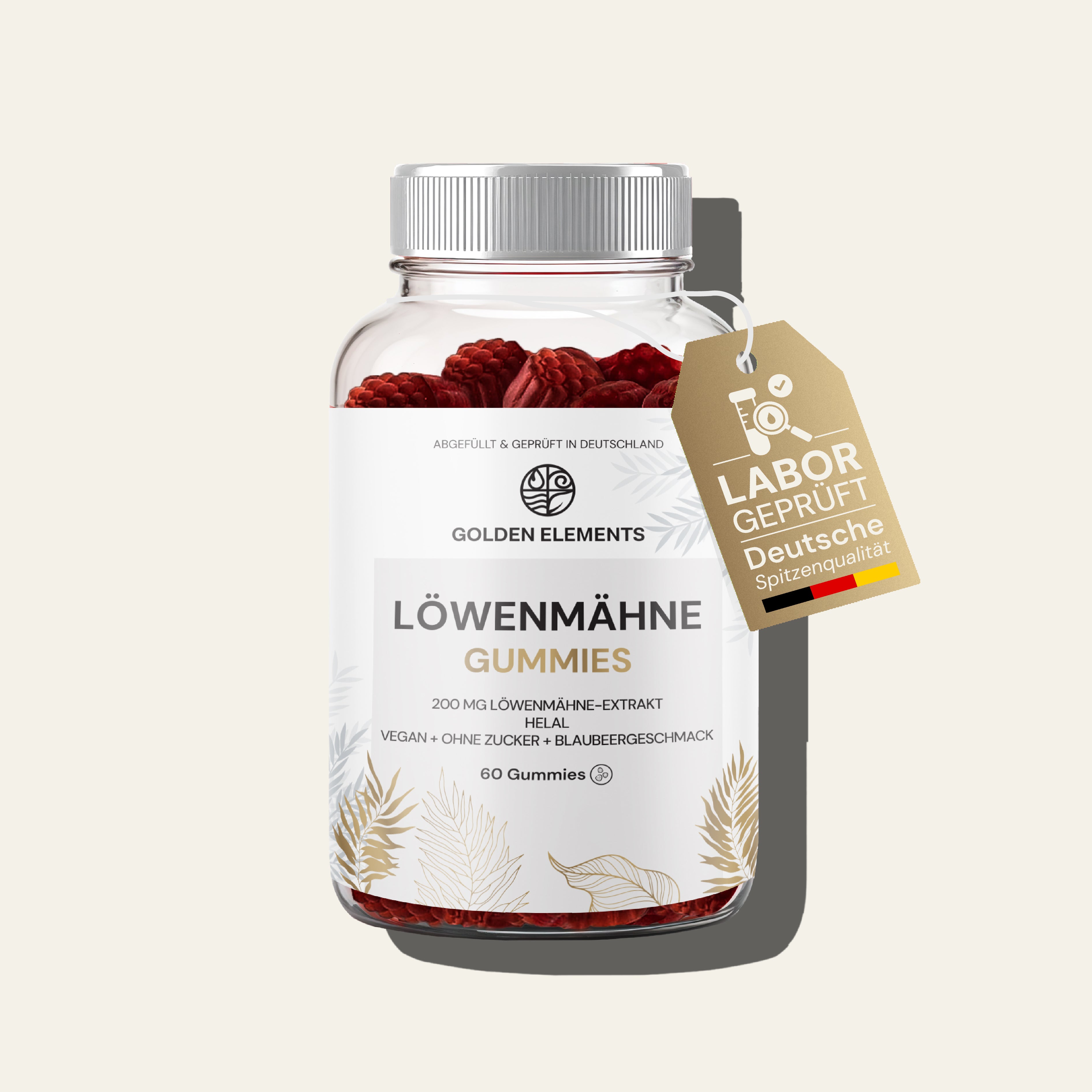 Freistellungsbild einer Dose Löwenmähne Gummies mit modernem, naturinspiriertem Design.