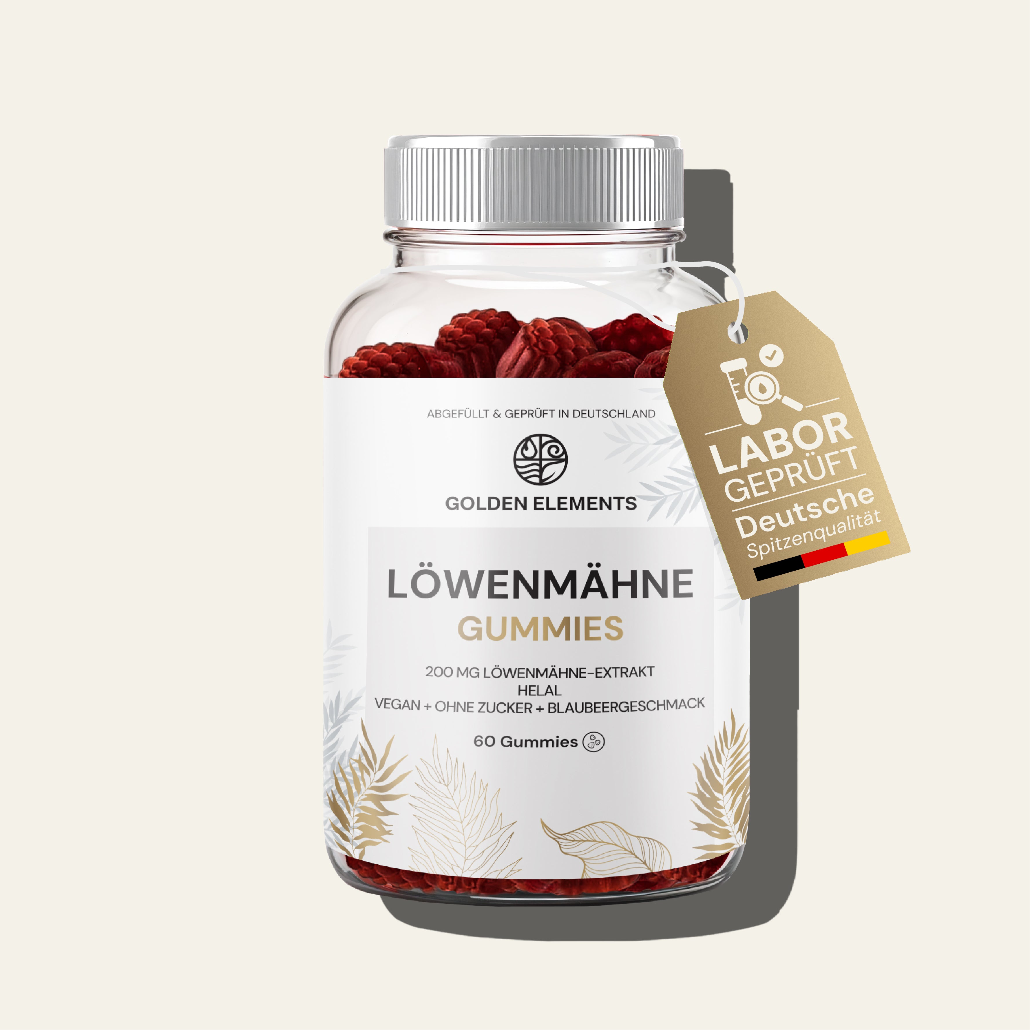 Freistellungsbild einer Dose Löwenmähne Gummies mit modernem, naturinspiriertem Design.