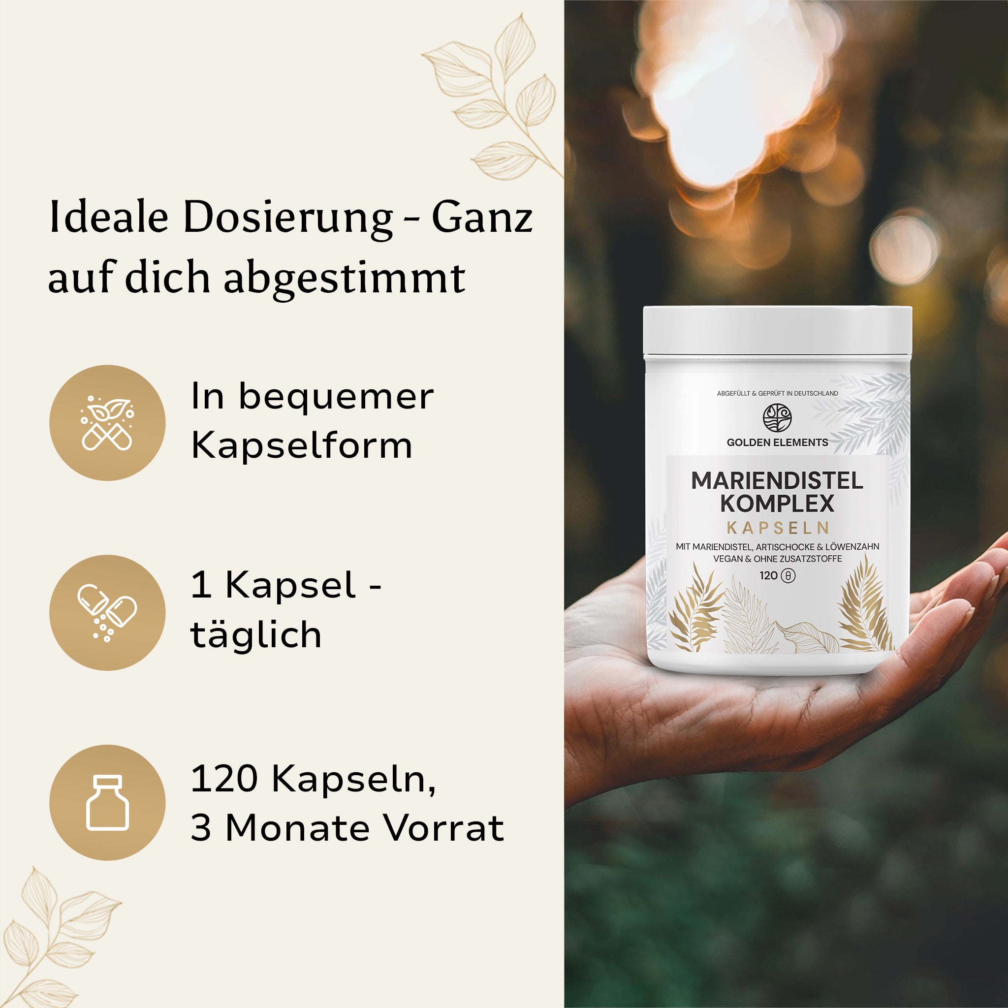Mariendistel Komplex Kapseln von Golden Elements in einer Hand gehalten, mit Dosierungshinweisen: 1 Kapsel täglich, 120 Kapseln für 3 Monate.
