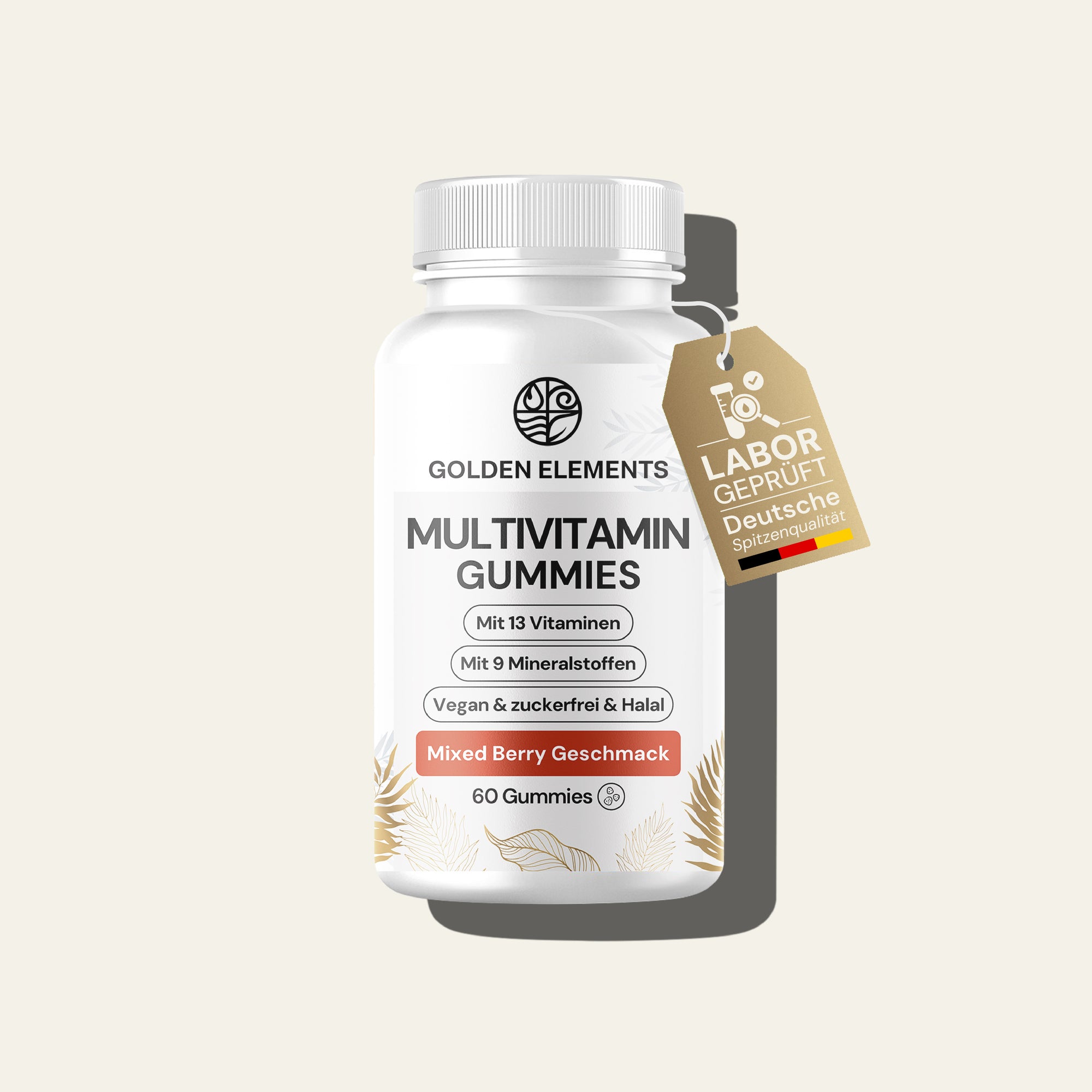 Golden Elements Multivitamin Gummies mit Prüf-Siegel für Laborgeprüfte Qualität und ohne Zuckerzusatz – 60 vegane Gummibärchen