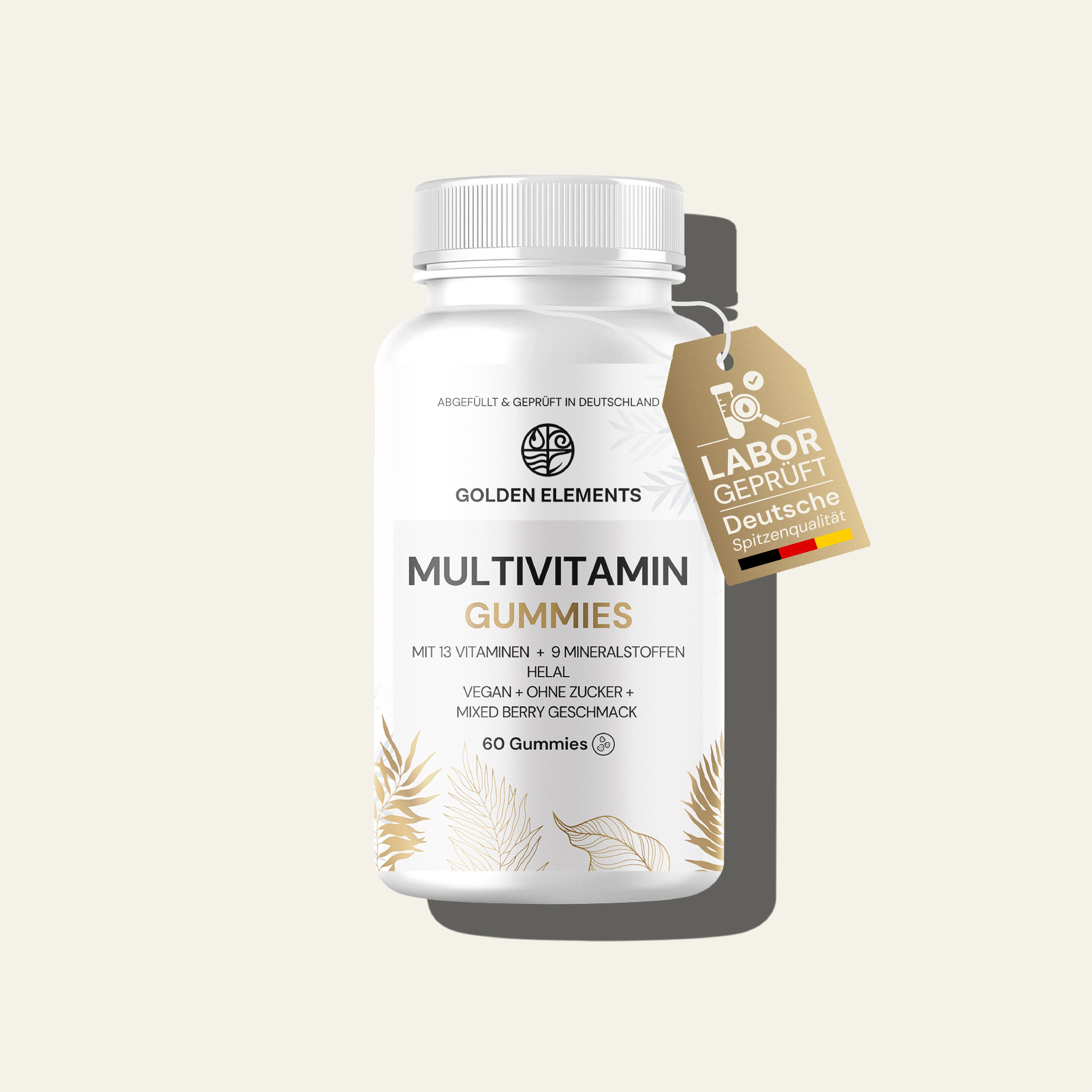 Golden Elements Multivitamin Gummies mit Prüf-Siegel für Laborgeprüfte Qualität und ohne Zuckerzusatz – 60 vegane Gummibärchen