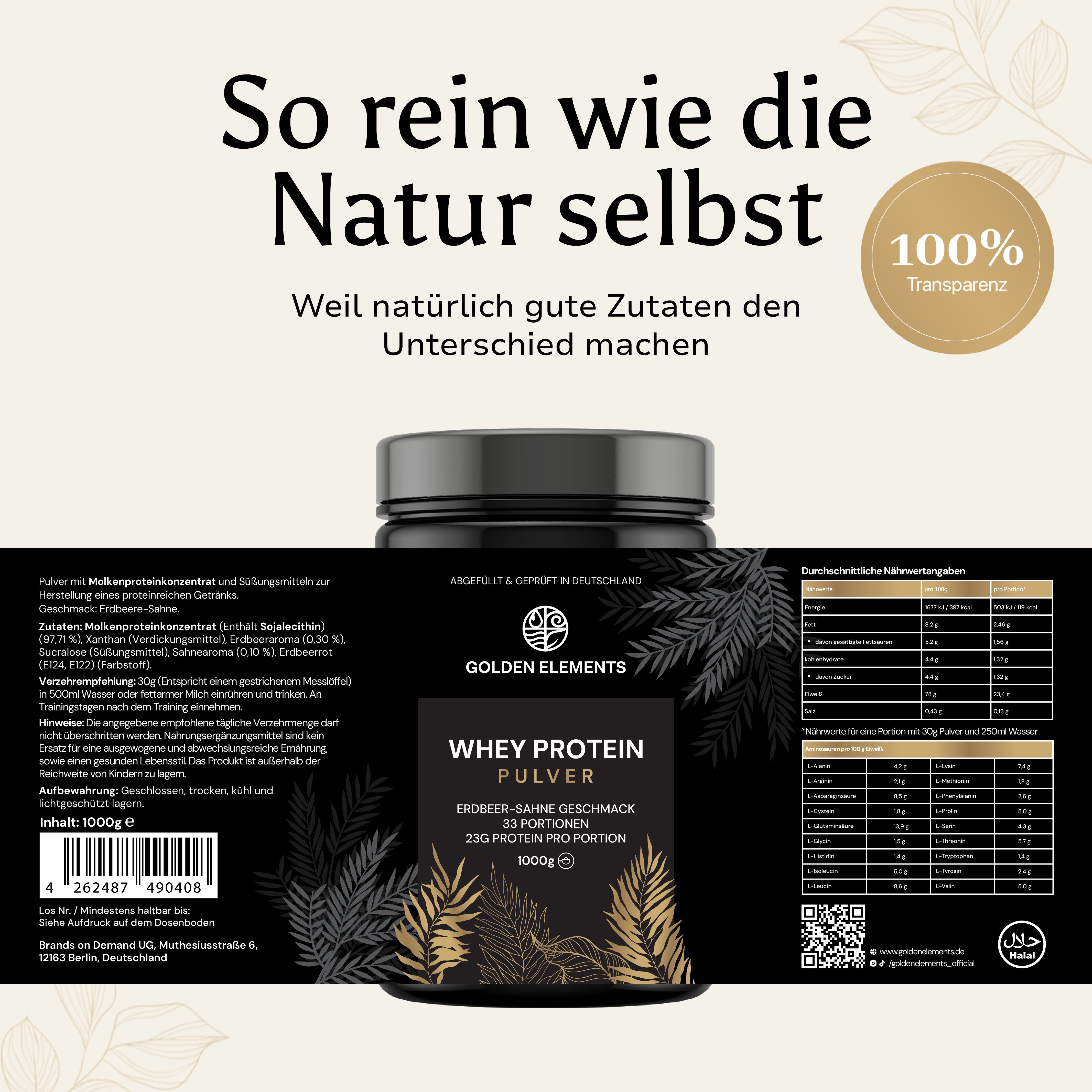  Etikett und Nährwertangaben des Golden Elements Whey Protein Erdbeer-Geschmack