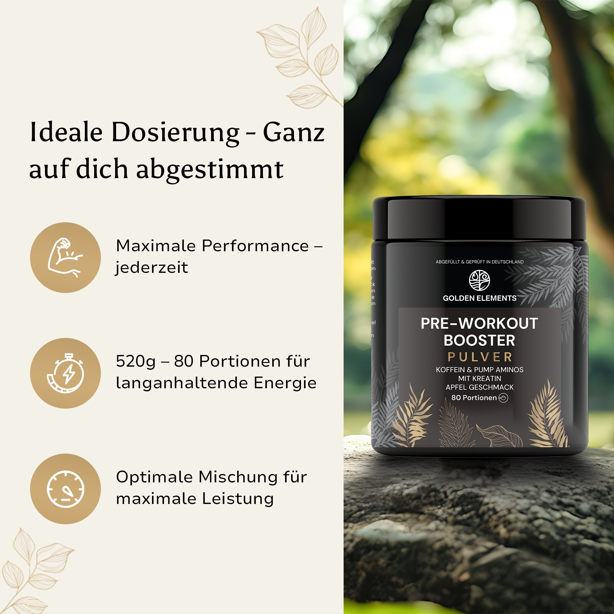 Produktabbildung des Golden Elements Pre-Workout Booster Apfel mit eleganter Verpackung und goldenen Akzenten