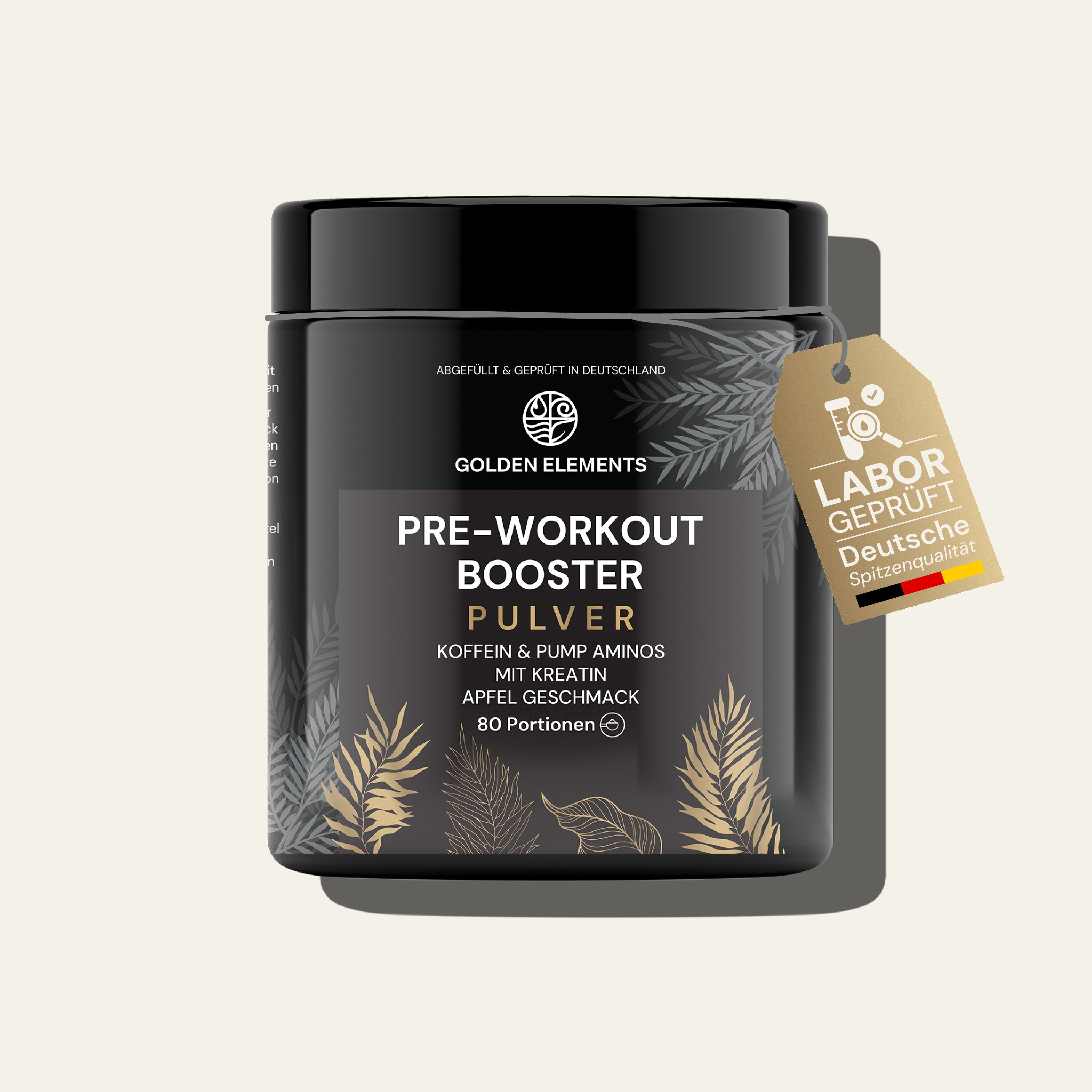 Golden Elements Pre-Workout Booster Apfel – 520 g mit 80 Portionen, präsentiert in einer natürlichen Waldumgebung mit Icons zu Dosierung und Wirkung