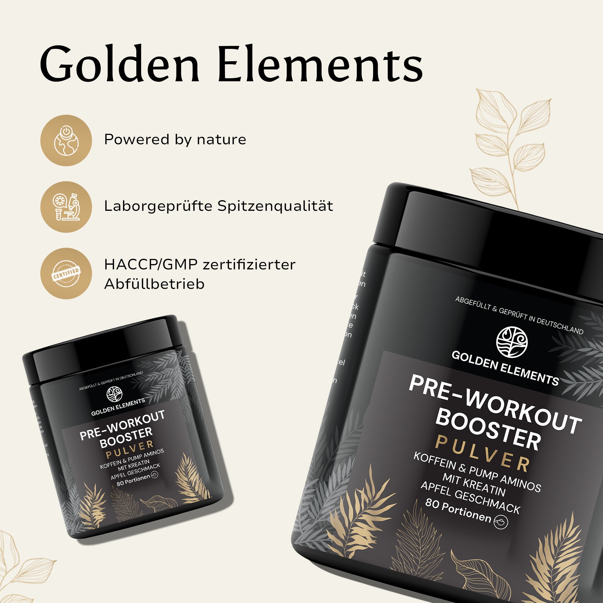 Golden Elements Pre-Workout Booster Apfel mit Icons zu Laborqualität, Naturkraft und zertifizierter Produktion