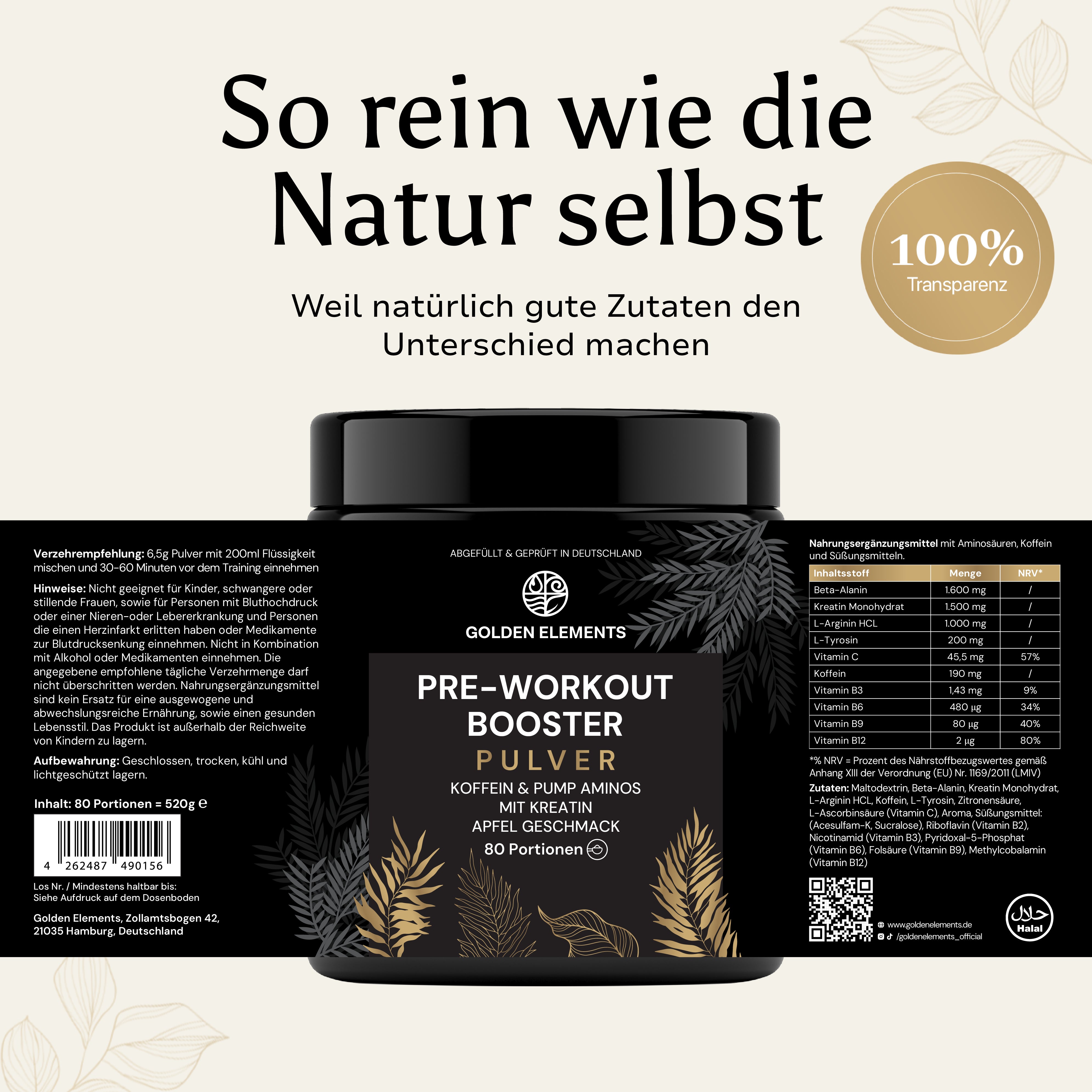 Produktlabel und Nährwertangaben des Pre-Workout Booster Apfel von Golden Elements mit Fokus auf Reinheit und Transparenz