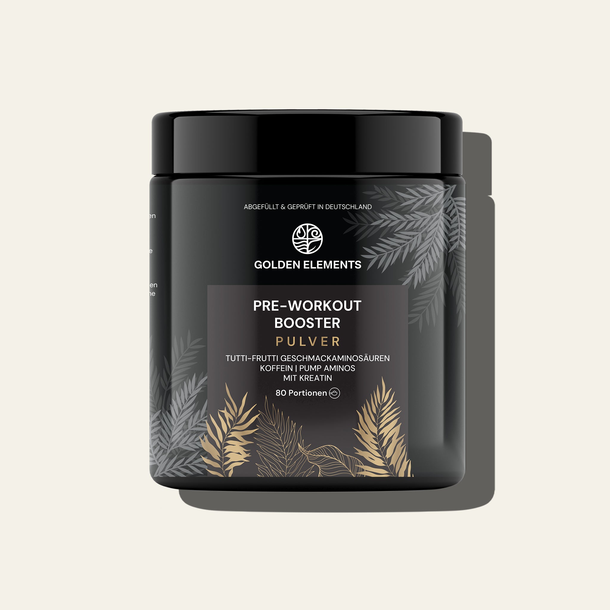 Produktabbildung des Pre-Workout Boosters von Golden Elements in der Geschmacksrichtung Tutti-Frutti mit gold-schwarzem Design.