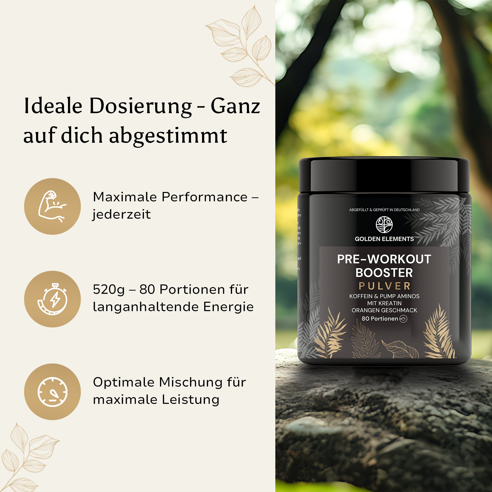 Golden Elements Pre-Workout Booster – Orangen Geschmack – Produktvisualisierung in der Natur