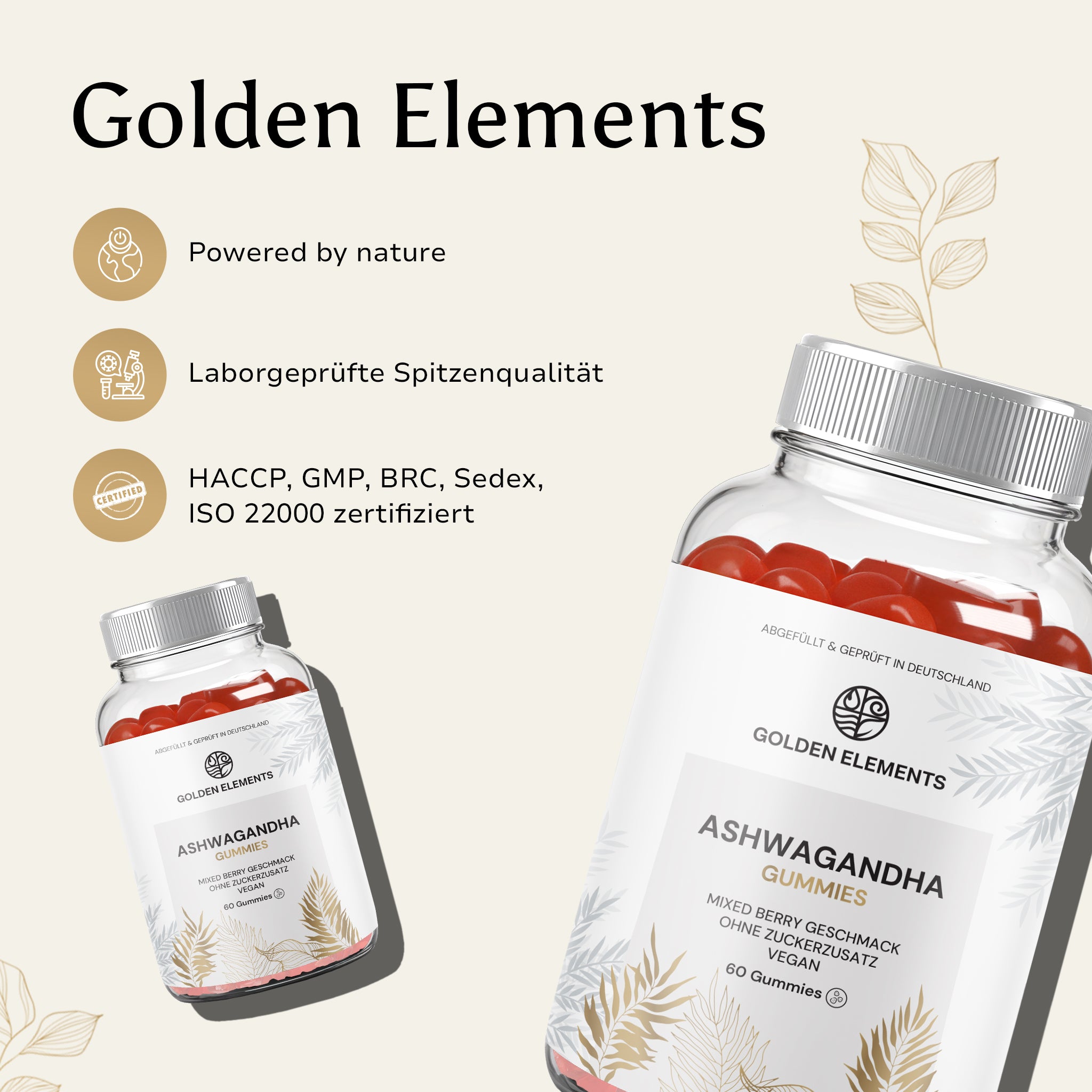 Zwei Flaschen Ashwagandha Gummies mit Icons für Laborgeprüfte Qualität und internationale Zertifizierungen
