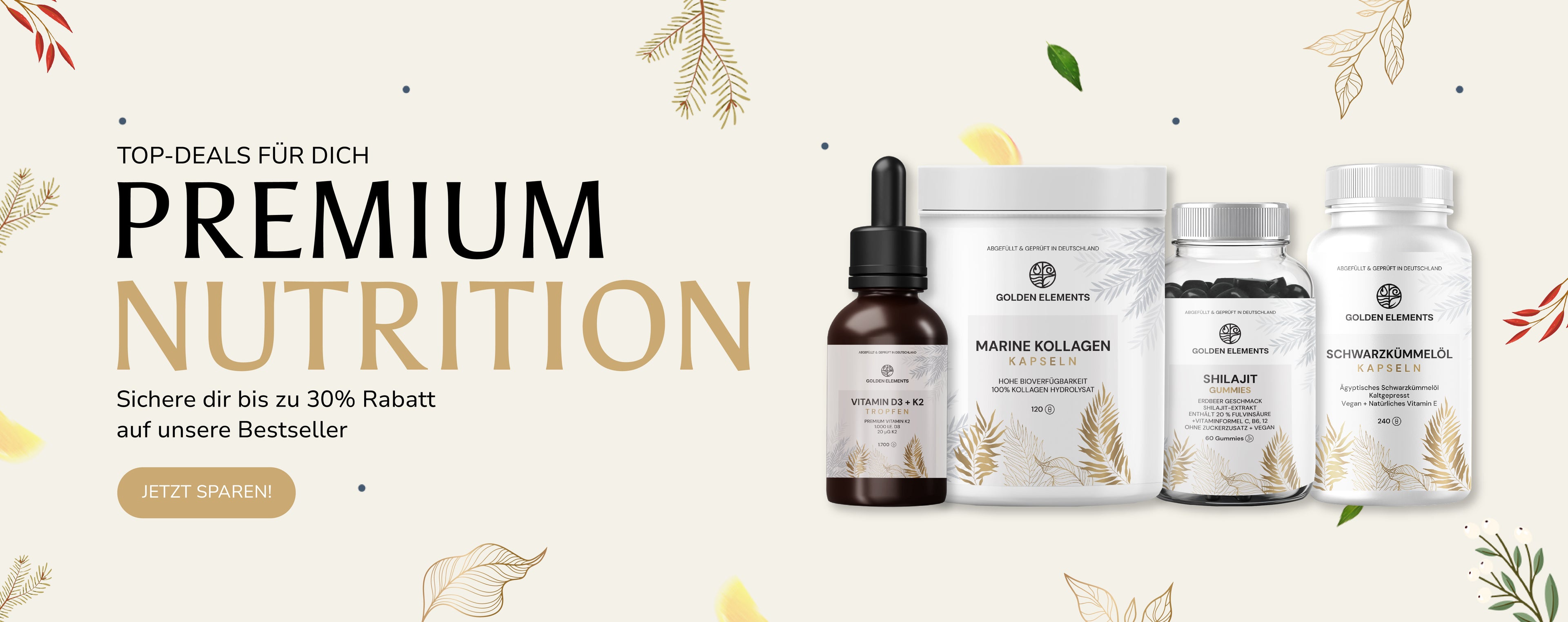 Bestseller von Golden Elements im Querformat-Banner: Vitamin D3 + K2 Tropfen, Marine Kollagen Kapseln, Shilajit Gummies und Schwarzkümmelöl Kapseln – sichere dir 30 % Rabatt