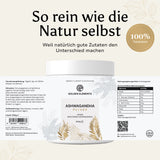Produktetikett von Golden Elements Ashwagandha Pulver – 100% reines, veganes Ashwagandha in 500g Dose mit Nährwertangaben und Anwendungsempfehlung.