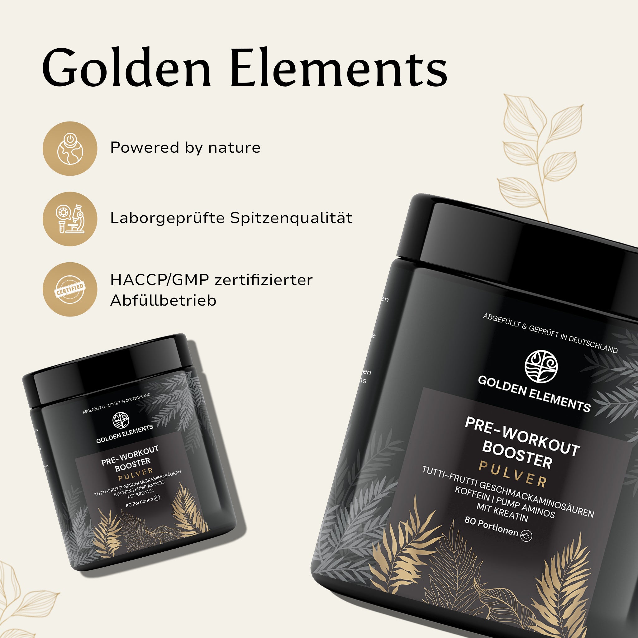 Zwei Dosen des Golden Elements Pre-Workout Boosters mit Siegeln zu Qualität, Laborprüfung und zertifizierter Abfüllung.