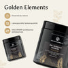 Zwei Dosen des Golden Elements Pre-Workout Boosters mit Siegeln zu Qualität, Laborprüfung und zertifizierter Abfüllung.
