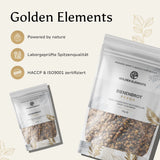 Präsentation des Golden Elements Bienenbrots mit Qualitätsmerkmalen: Powered by nature, Laborgeprüfte Spitzenqualität, HACCP & ISO9001 zertifiziert.